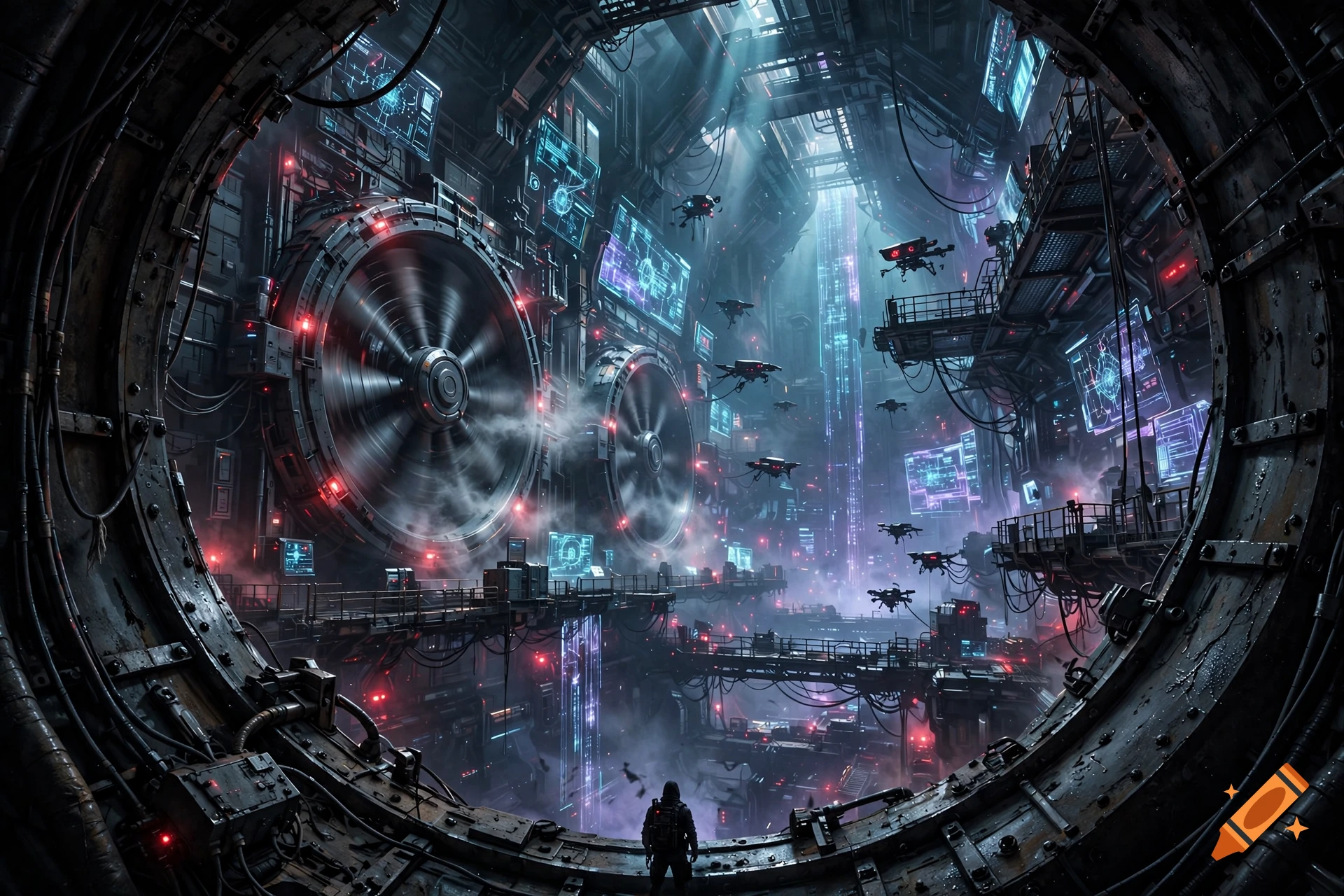A lone figure looks out from a round portal into a massive, cavernous sci-fi industrial junction with large intake fans and glowing data screens.