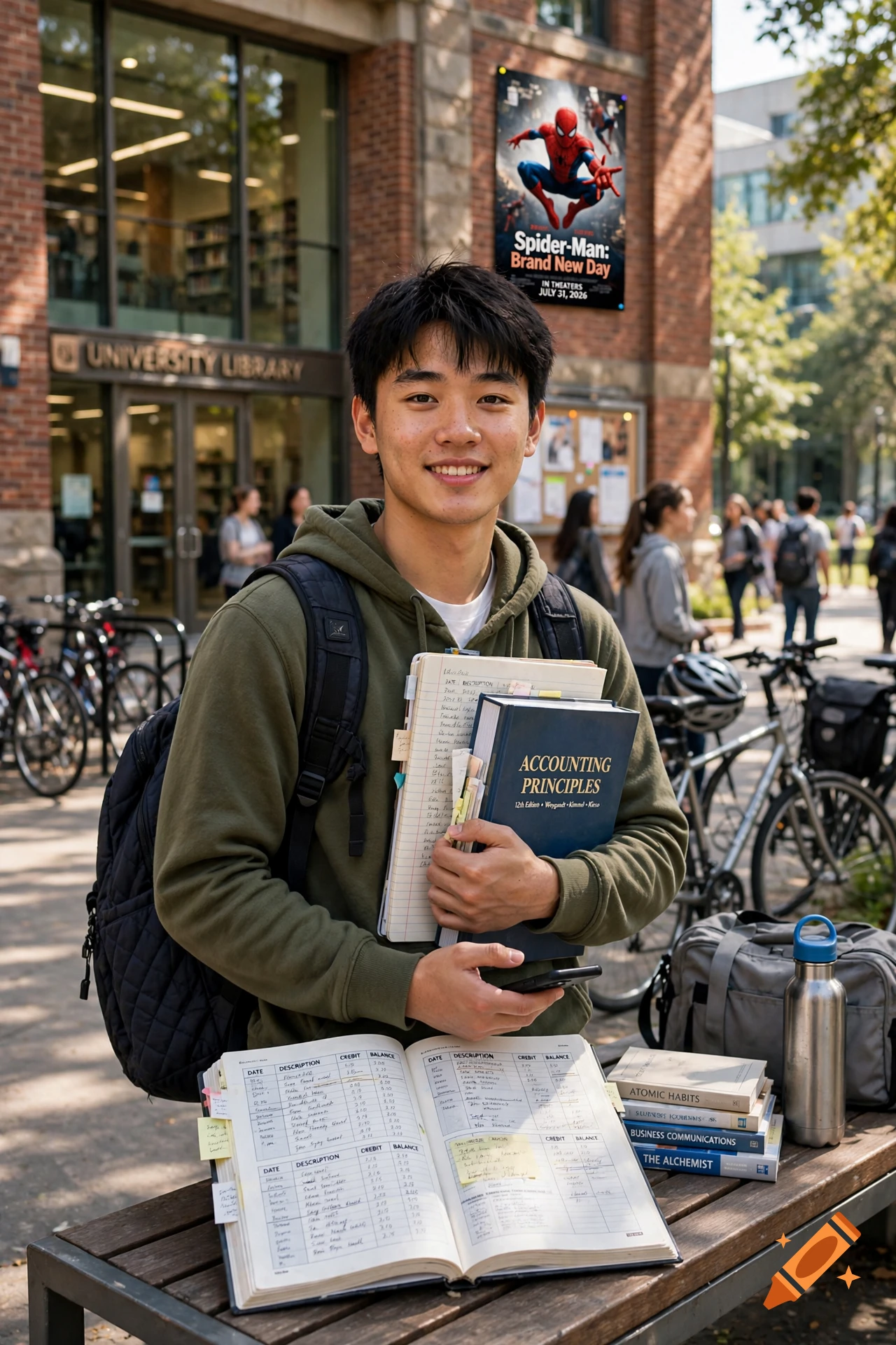 Photorealistic image of a smiling young Asian male student holding accounting books and notebooks on a college campus.
