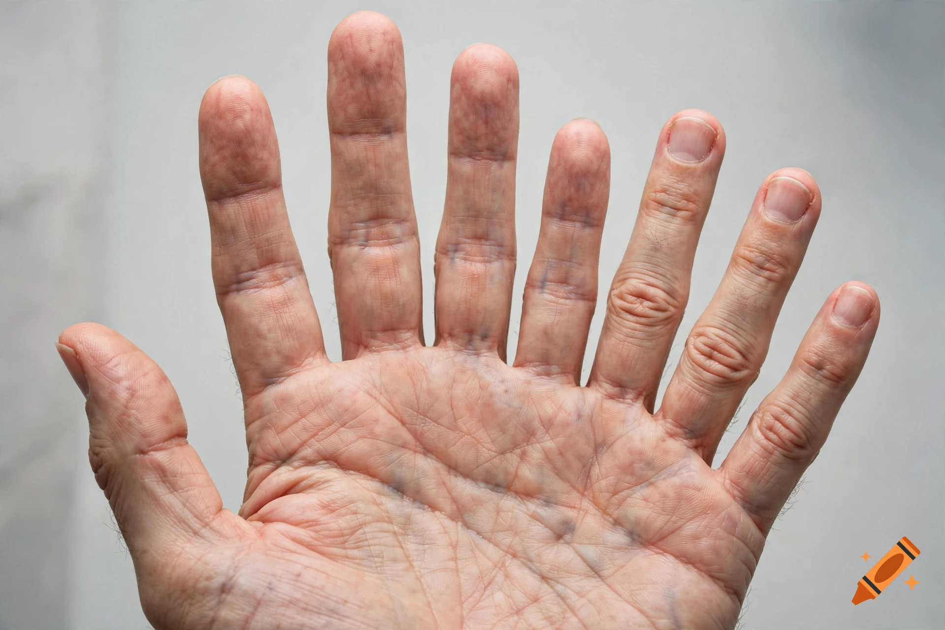 Close-up of a human hand showing polydactyly with seven fingers against a plain light gray background, photorealistic style.