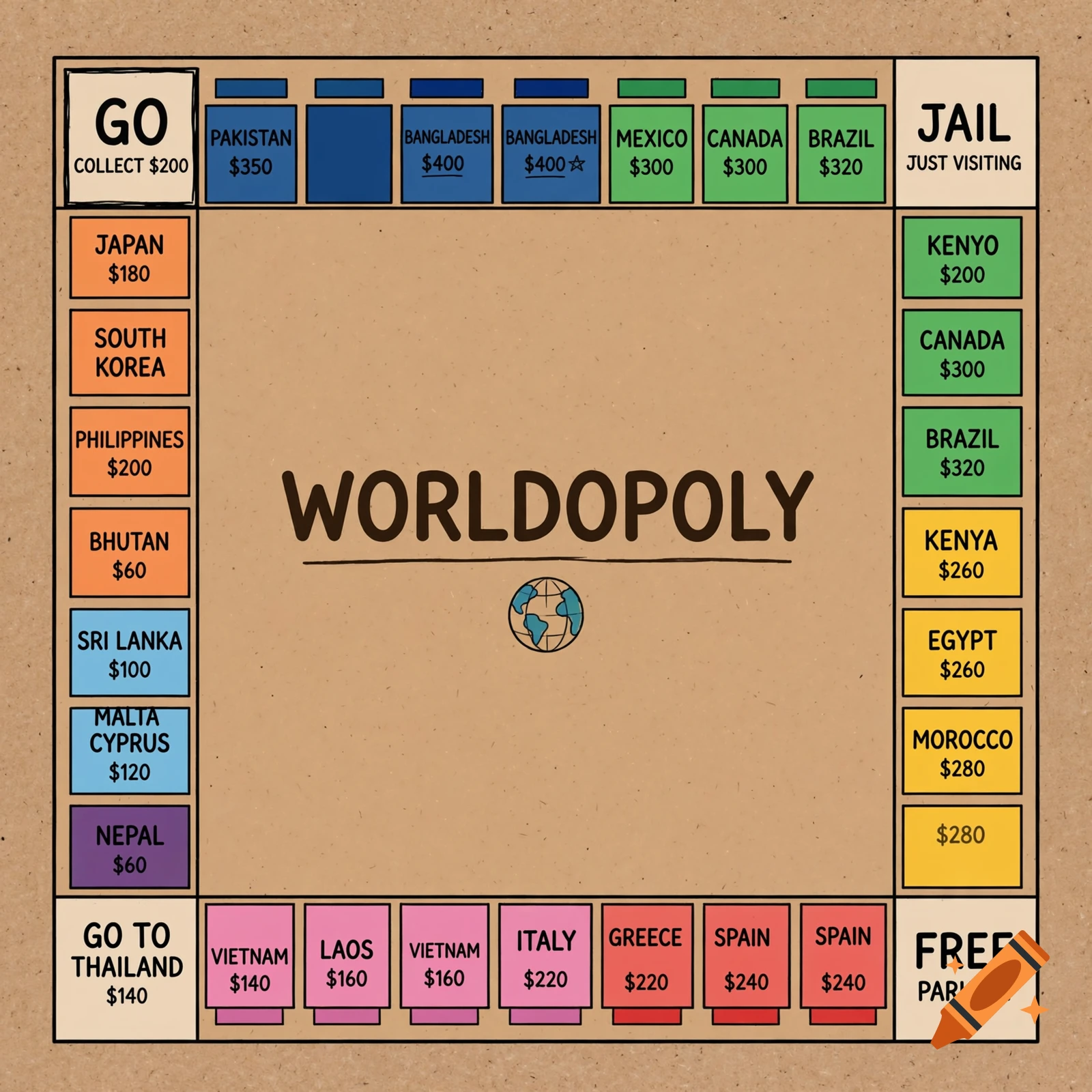 DIY style board game board titled WORLDOPOLY with countries as properties, illustrated on cardboard background.