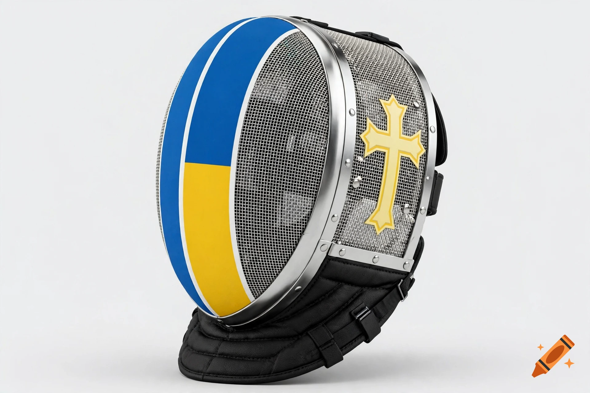 A photorealistic fencing mask with a blue and yellow stripe on the left and a yellow cross on the right.