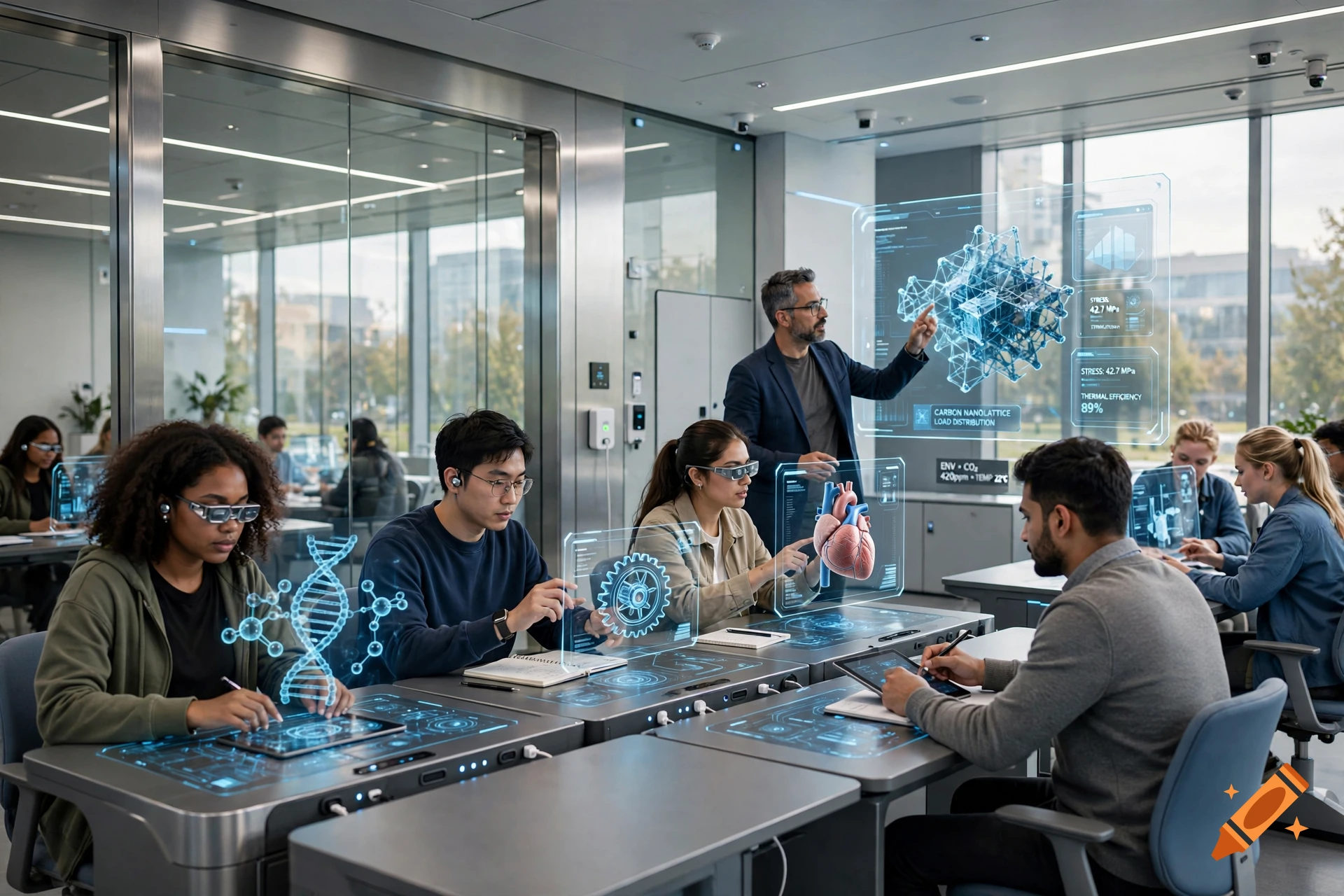 Realistic photography of a futuristic classroom with students using holographic screens and a professor teaching.