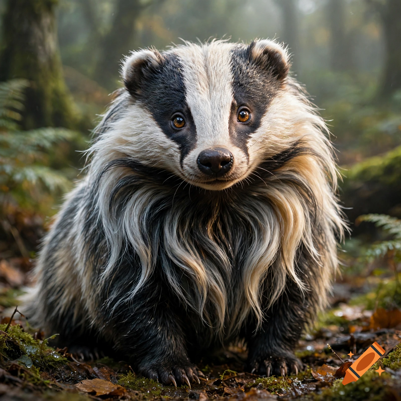 Photorealistic image of a cute mythical badger monster with a long, flowing mane sitting in a misty forest.