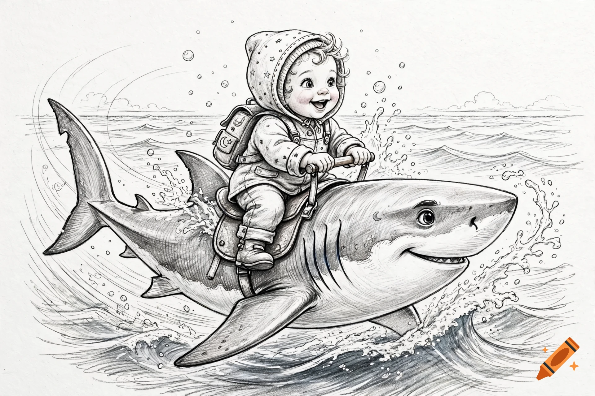 A pencil sketch of a smiling baby riding on the back of a friendly shark swimming through ocean waves, surrounded by bubbles and splashing water.