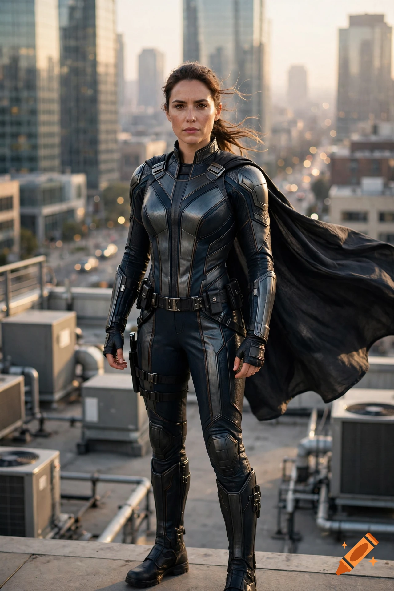 Photorealistic image of a female superhero in futuristic black and grey armor standing on a rooftop with city buildings in the background.
