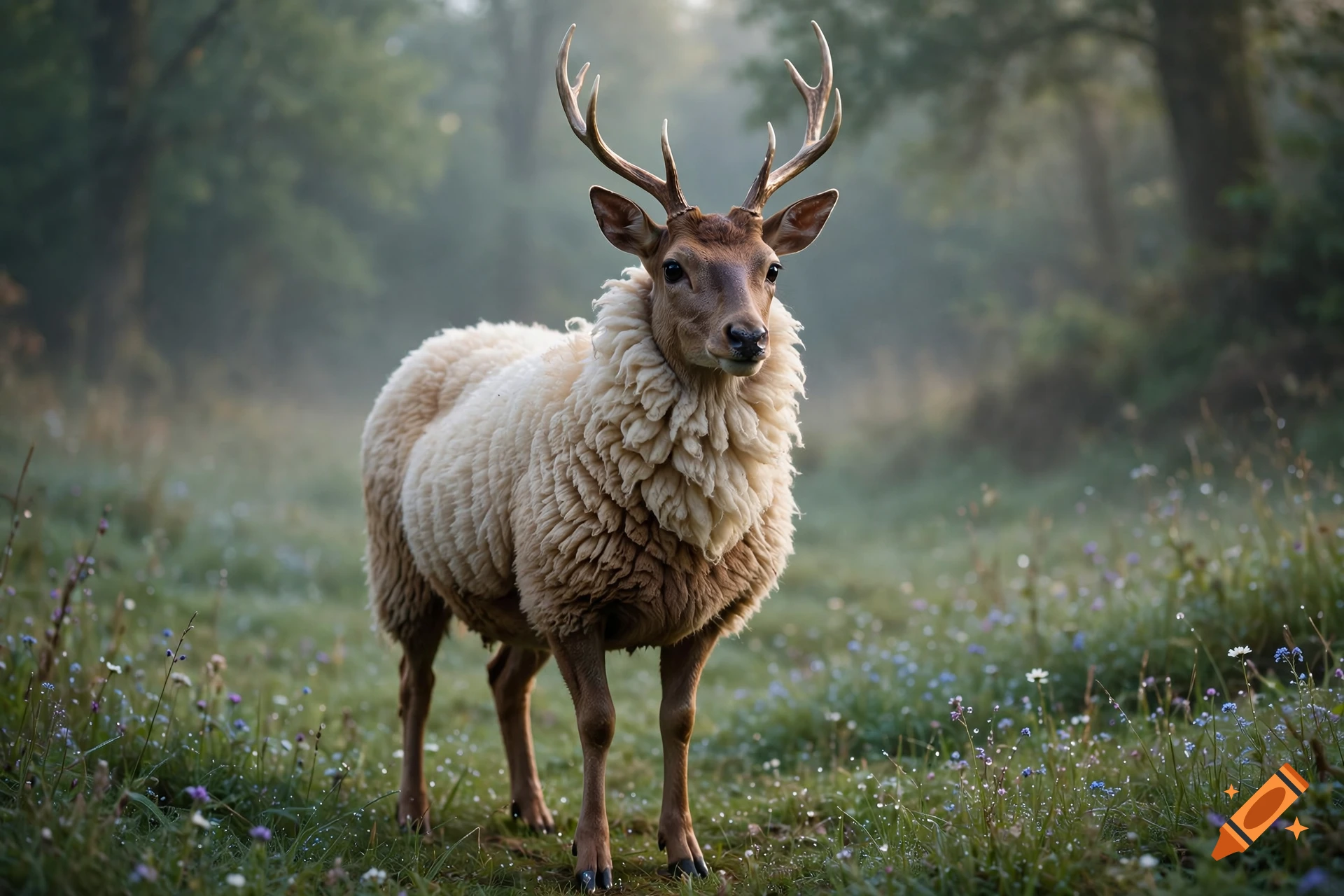 Photorealistic hybrid creature with the body and head of a deer and a thick coat of sheep's wool, standing in a misty forest clearing with wildflowers.