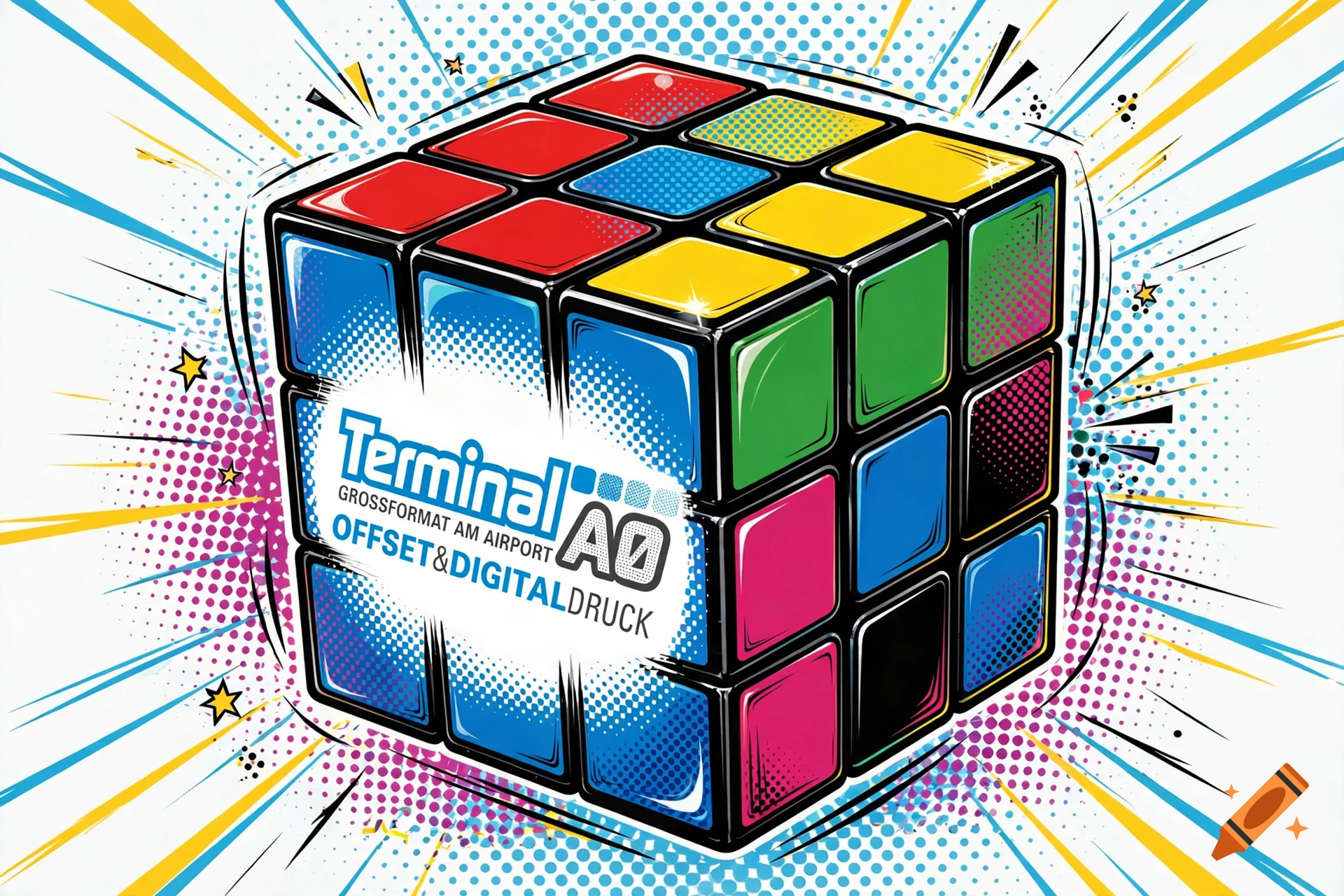 A pop art style illustration of a Rubik's cube with vibrant colors and burst background lines, featuring business text on one side.