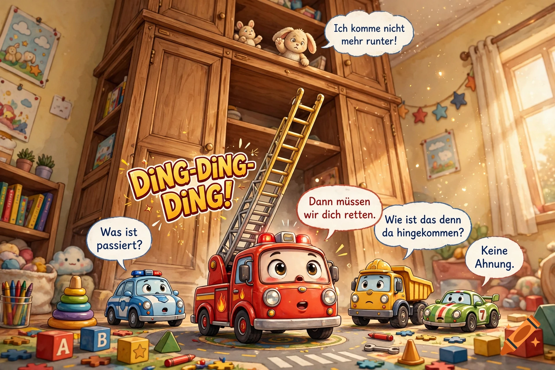 An illustrated children's scene inside a playroom with anthropomorphic toy vehicles, including a fire engine, a police car, and a dump truck, responding to a plush rabbit trapped on a high shelf.