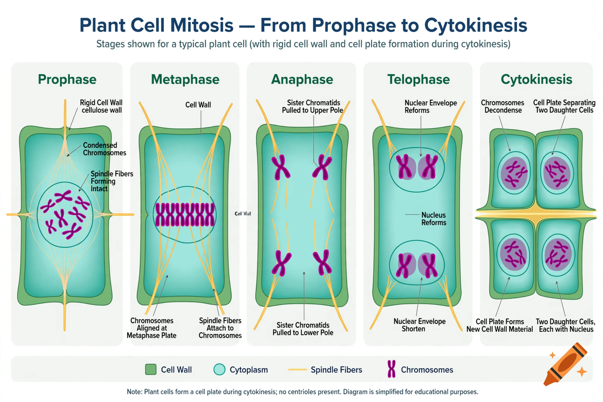 Educational diagram illustrating plant cell mitosis from prophase to cytokinesis.