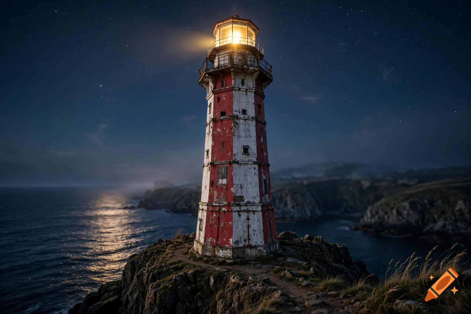 Photorealistic night scene of a red and white octagonal lighthouse standing on a rocky cliff beside the ocean under a starry sky.