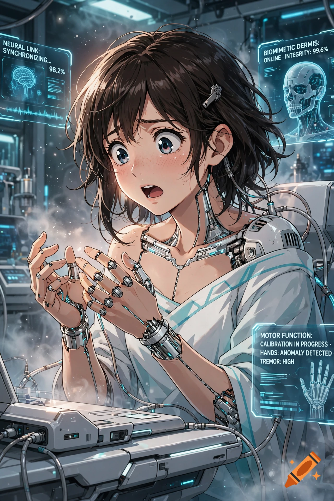 Anime illustration of a surprised teenage girl with cybernetic body parts and glowing UI screens in a futuristic lab.