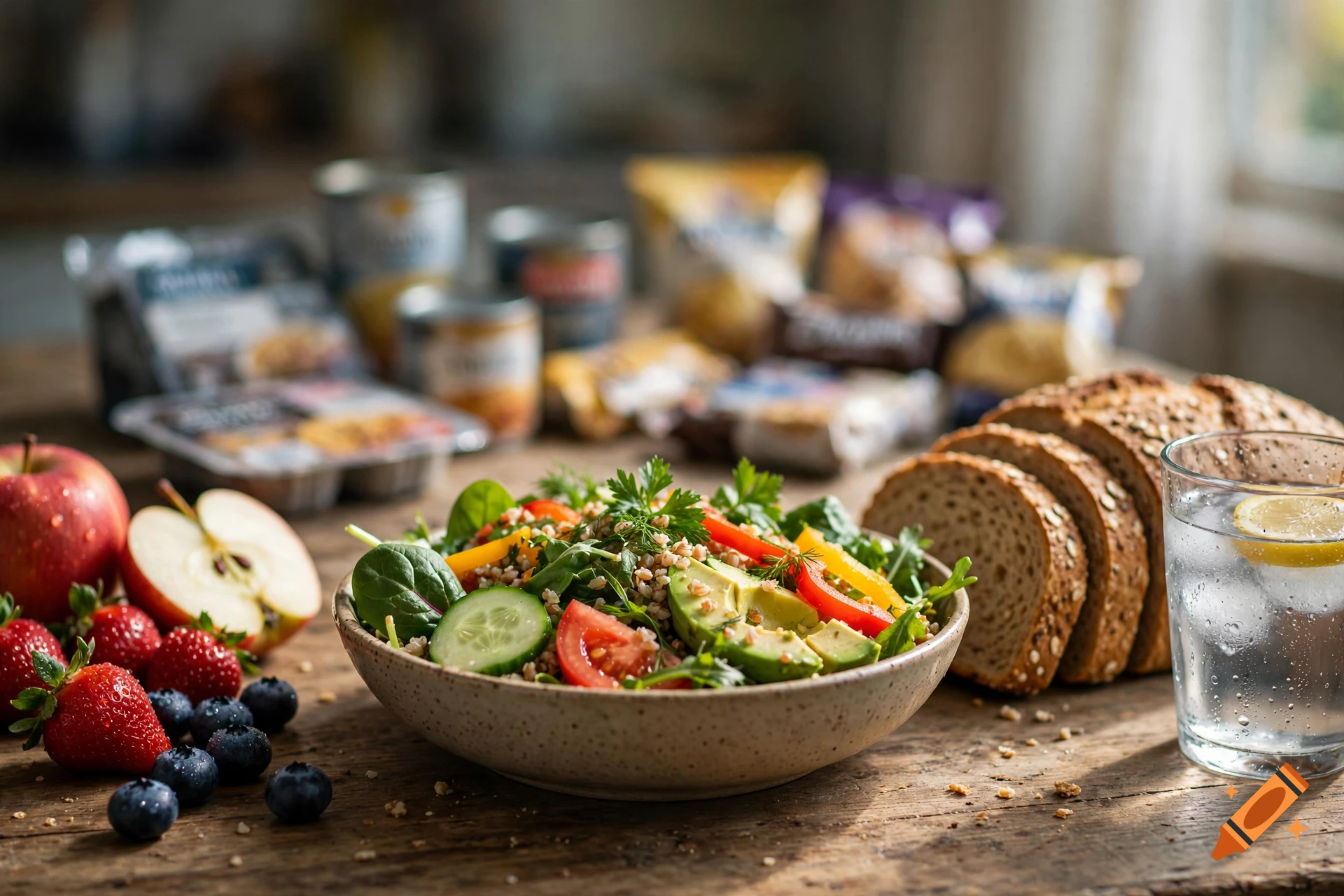 Photorealistic image of a fresh vegetable salad in a bowl on a wooden table, accompanied by bread, berries, an apple, and a glass of water.