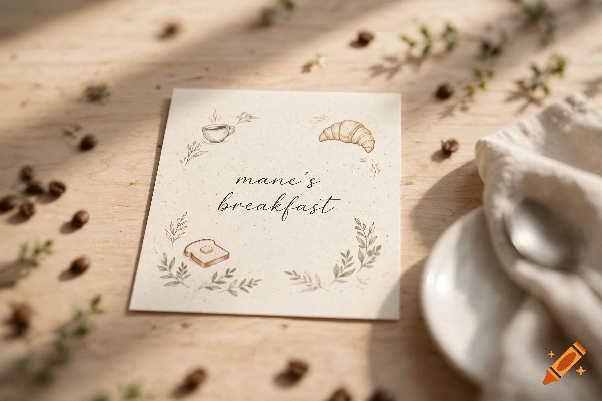 An invitation card reading 'mane's breakfast' surrounded by coffee beans, a croissant, and a cup of coffee on a wooden surface.