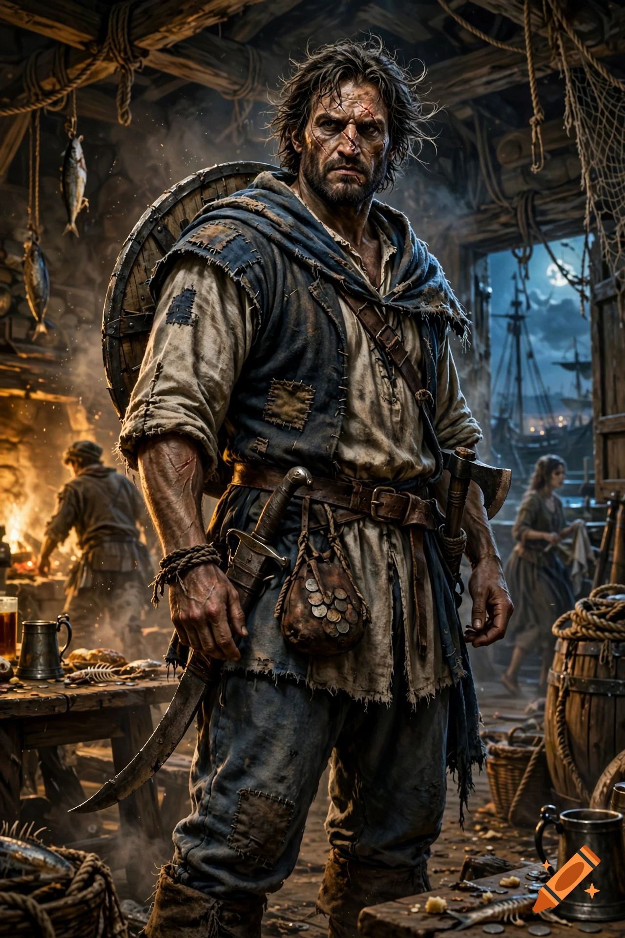 A weathered fantasy adventurer with a scarred face, patched tunic, scimitar, and shield strapped to his back, standing in a rustic tavern.