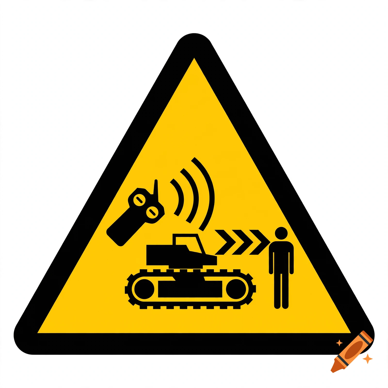ISO 7010 style yellow warning triangle depicting a remote-controlled crawler machine approaching a person.
