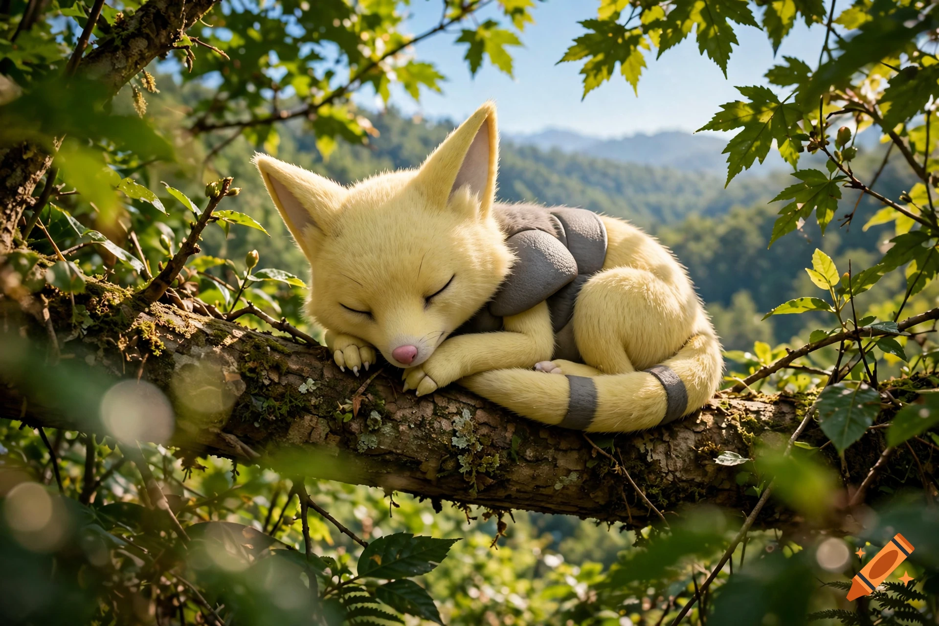 Photorealistic image of the Pokemon Abra sleeping peacefully on a tree branch in a lush forest.