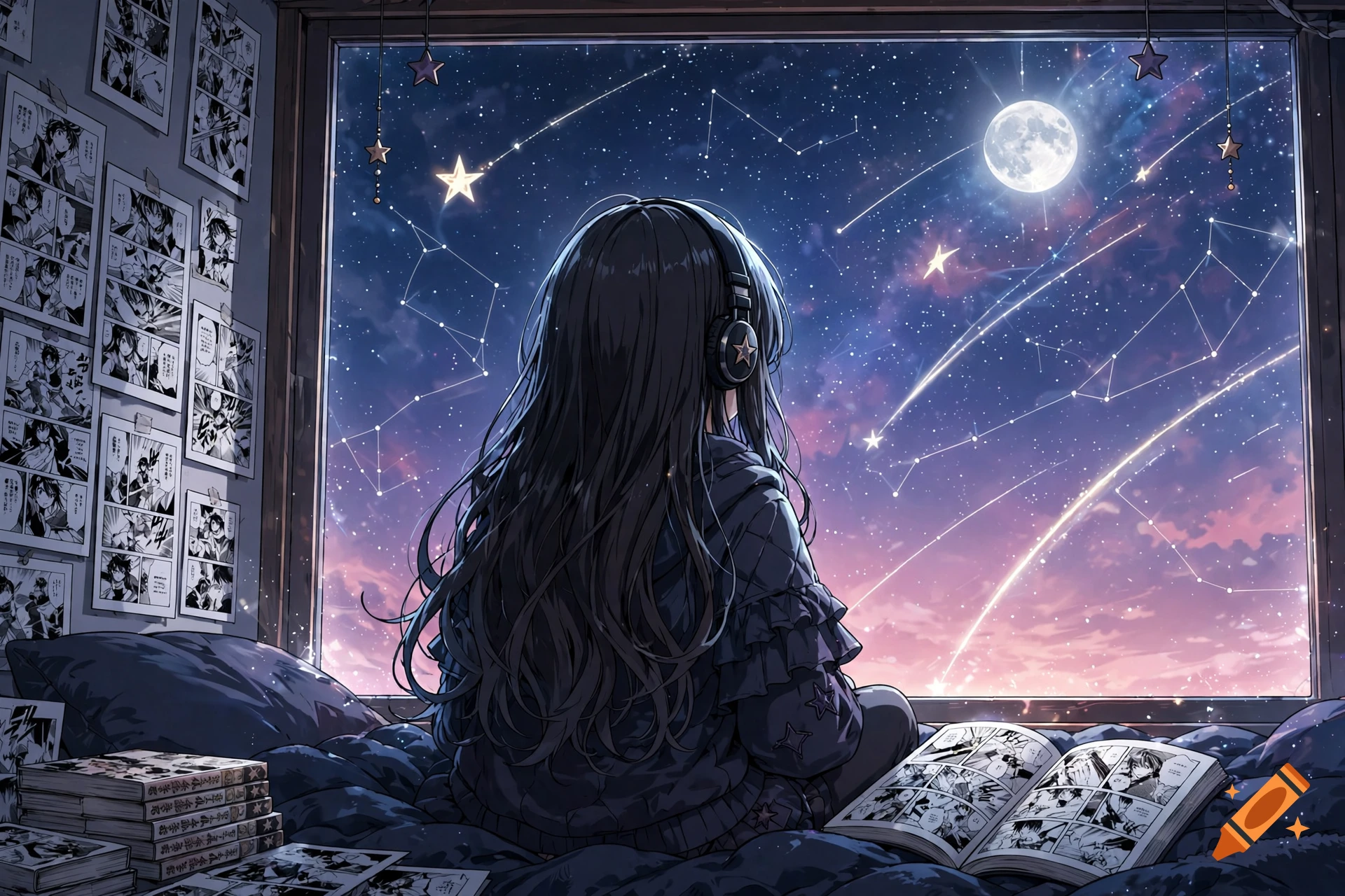 Anime style illustration of a girl with long dark hair wearing headphones sitting on a bed looking at a starry night sky through a large window.