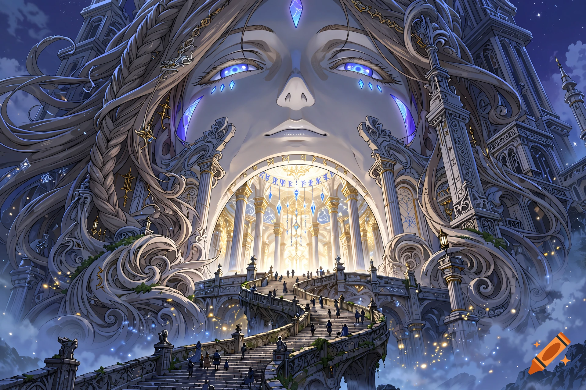 An anime-style fantasy temple shaped like a giant goddess's face, with a glowing mouth entrance and a grand staircase.