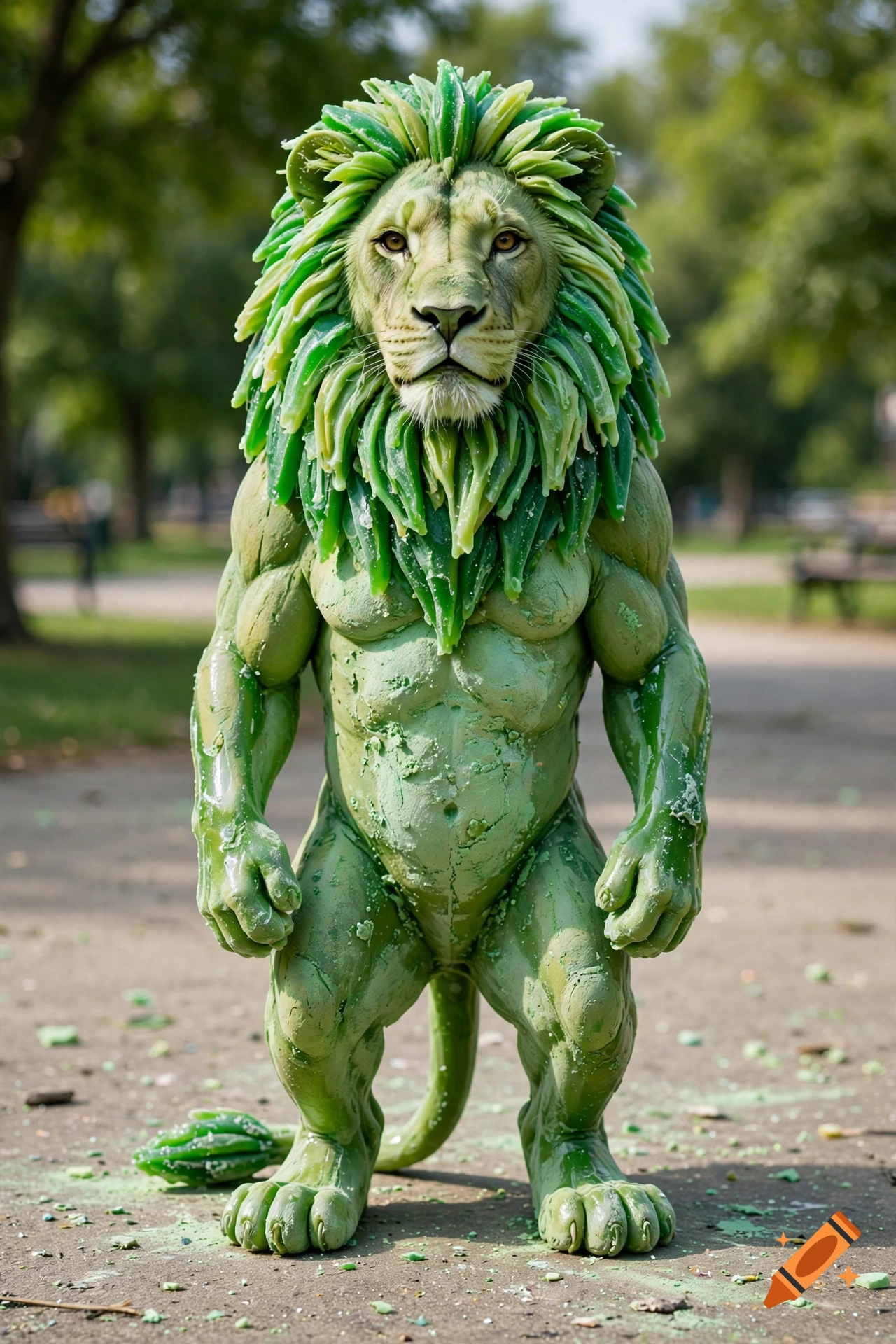 A full-body shot of a muscular green anthropomorphic lion standing in a park.