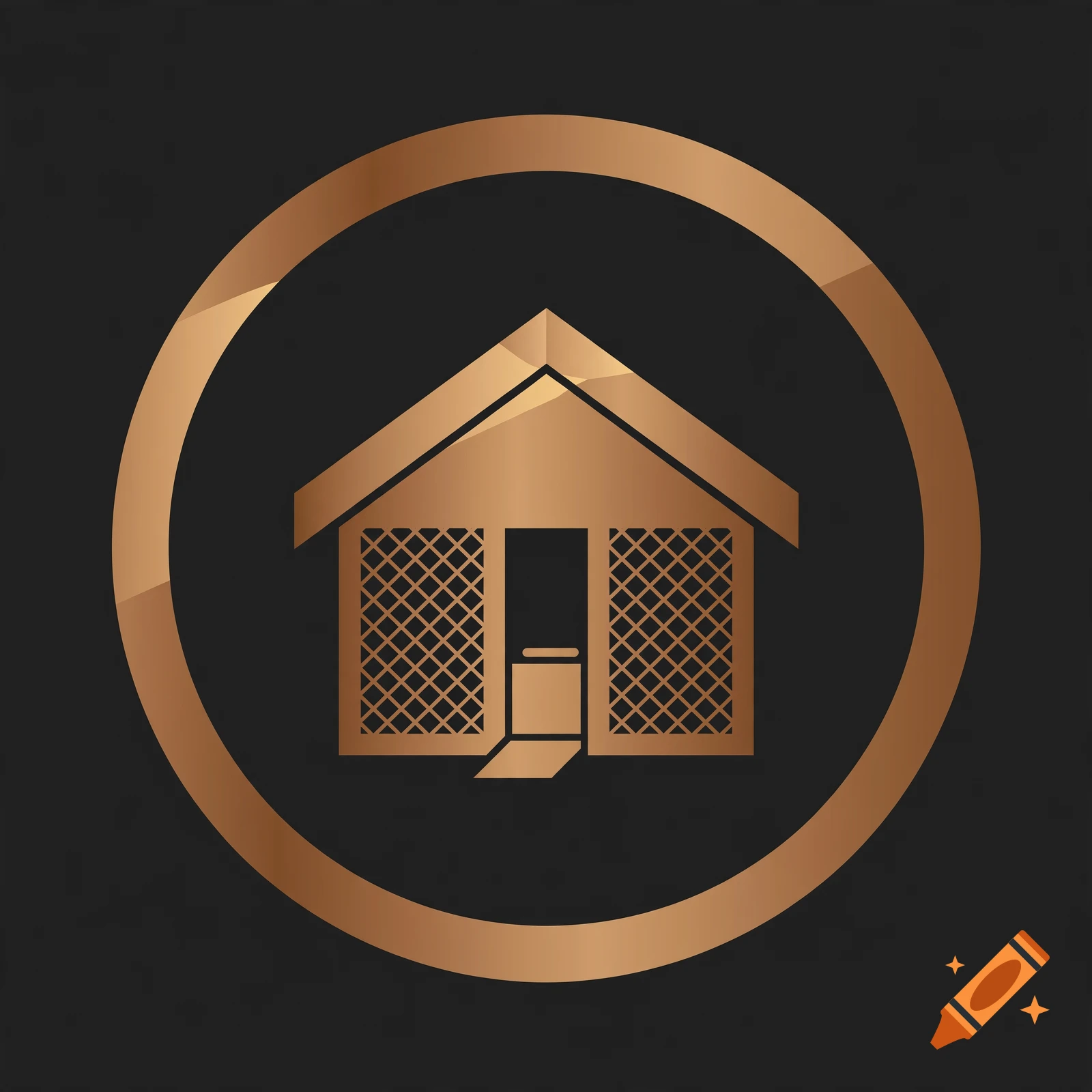 Bronze metallic circular badge icon featuring a simple chicken coop silhouette on a dark background