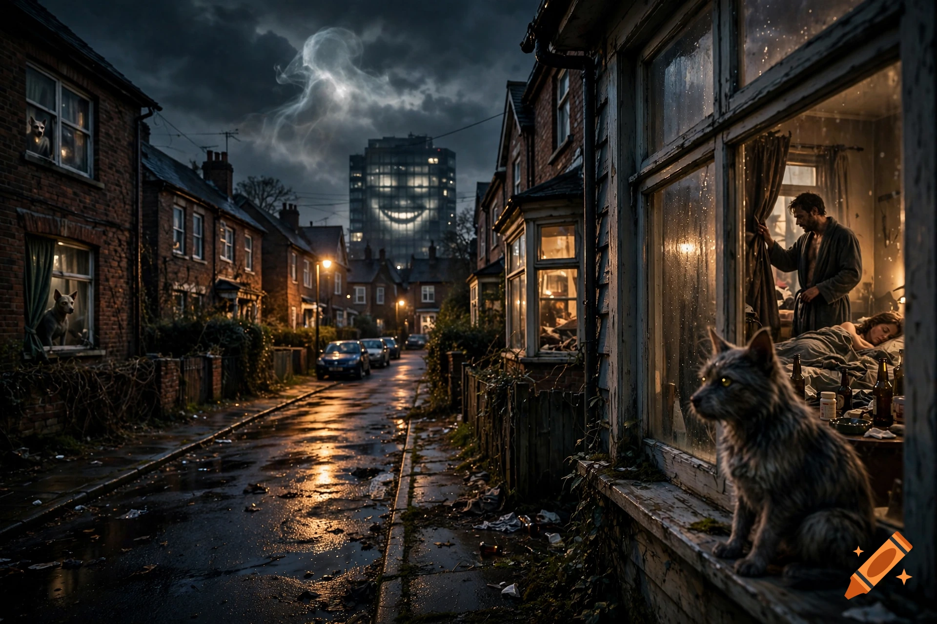 Creepy nocturnal suburban street scene with a ghostly figure, mysterious skyscraper smile, and a pet looking out a window. Photorealistic.