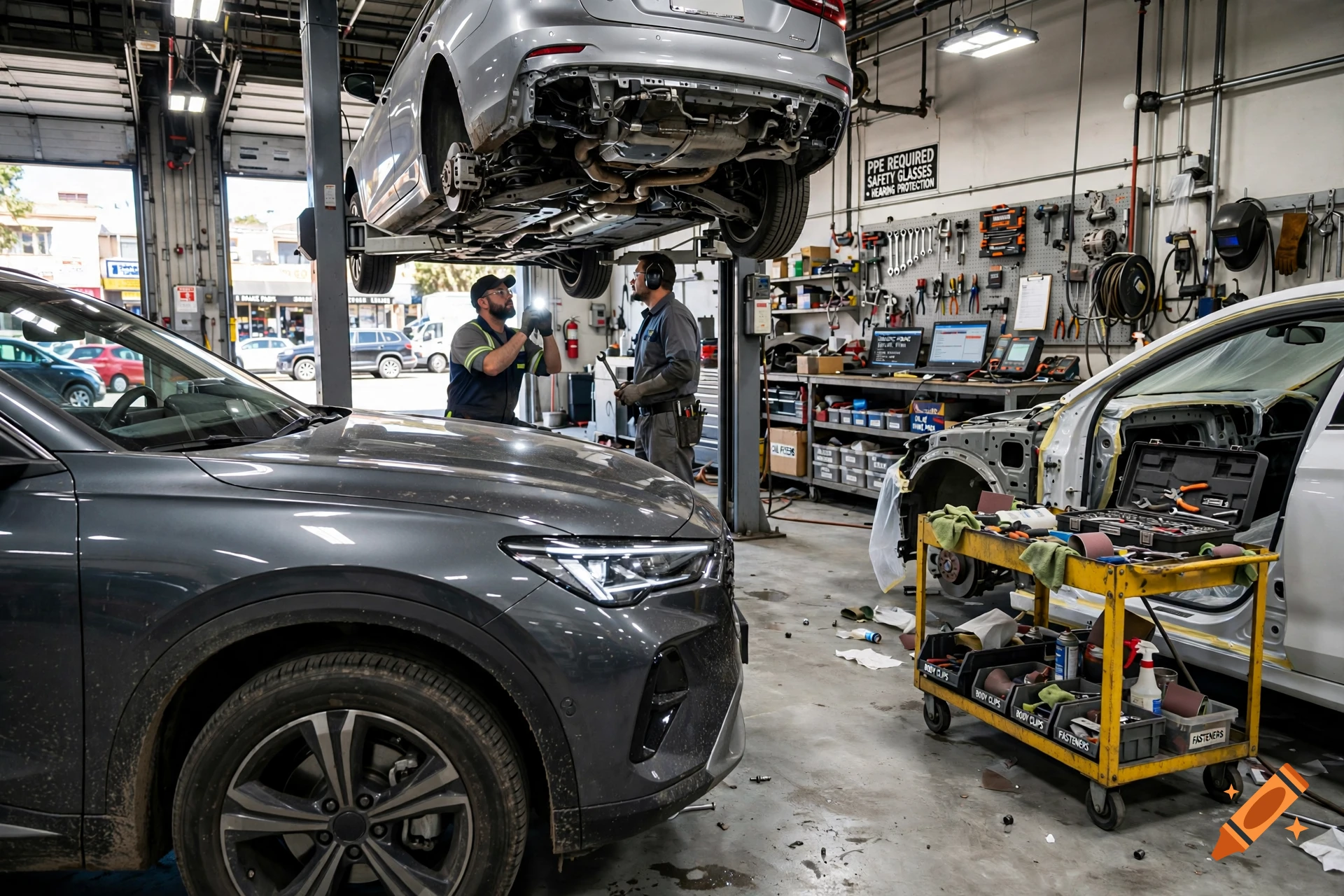 Photorealistic image of a busy auto repair shop with mechanics working on cars and tools on the wall.