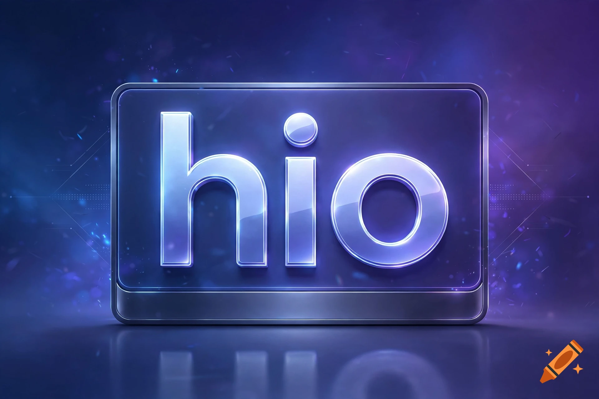 Glowing 3D text spelling 'hio' in light blue on a dark blue background with particle effects.