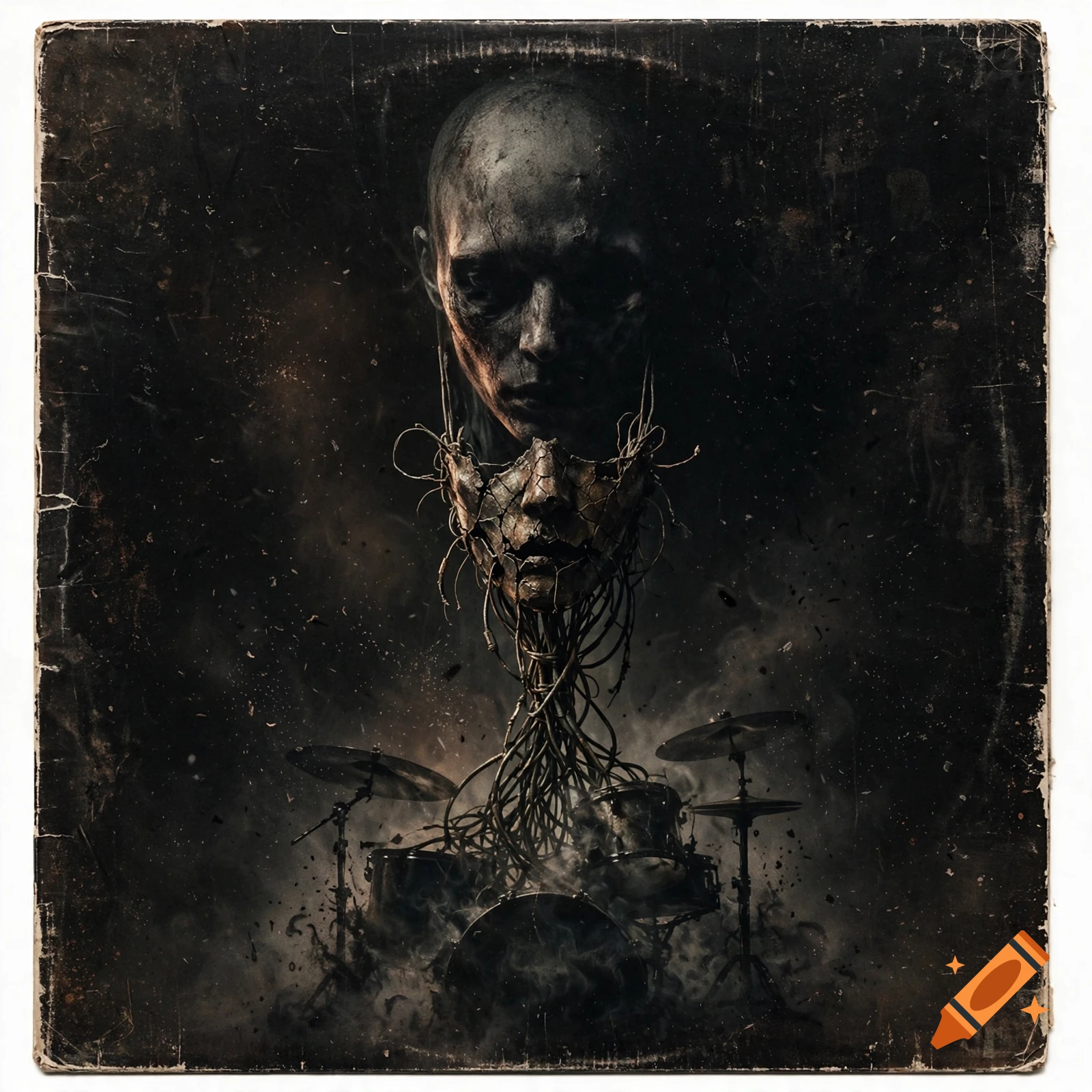 Dark surrealist vinyl cover featuring a bald, weathered head with a fractured mask connected by cables to a drum kit below.