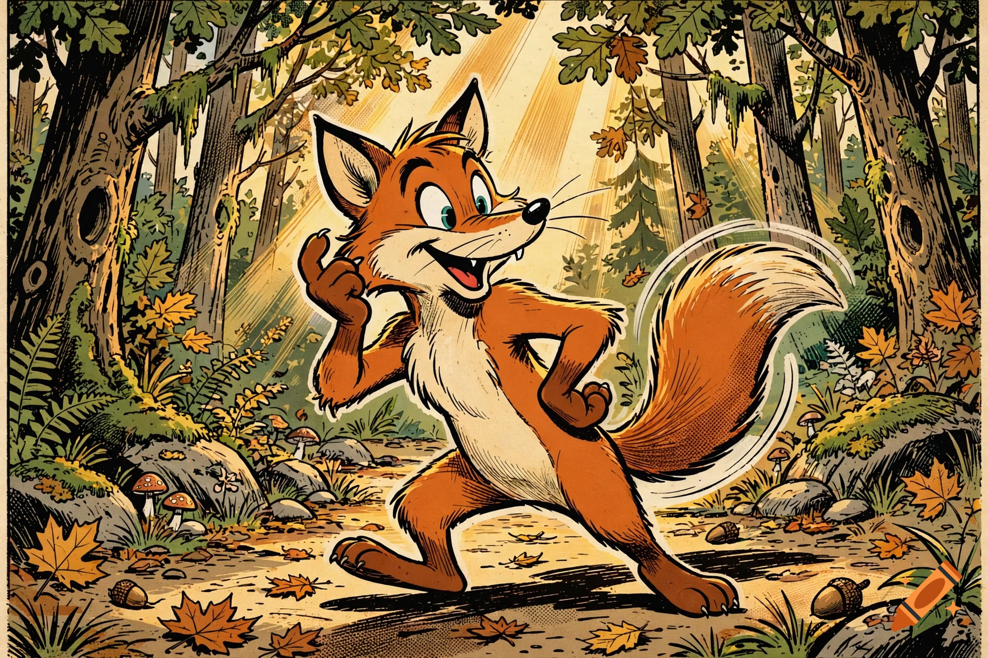 An anthropomorphic fox smiling and posing in a sunny forest, illustrated in a classic comic book style.