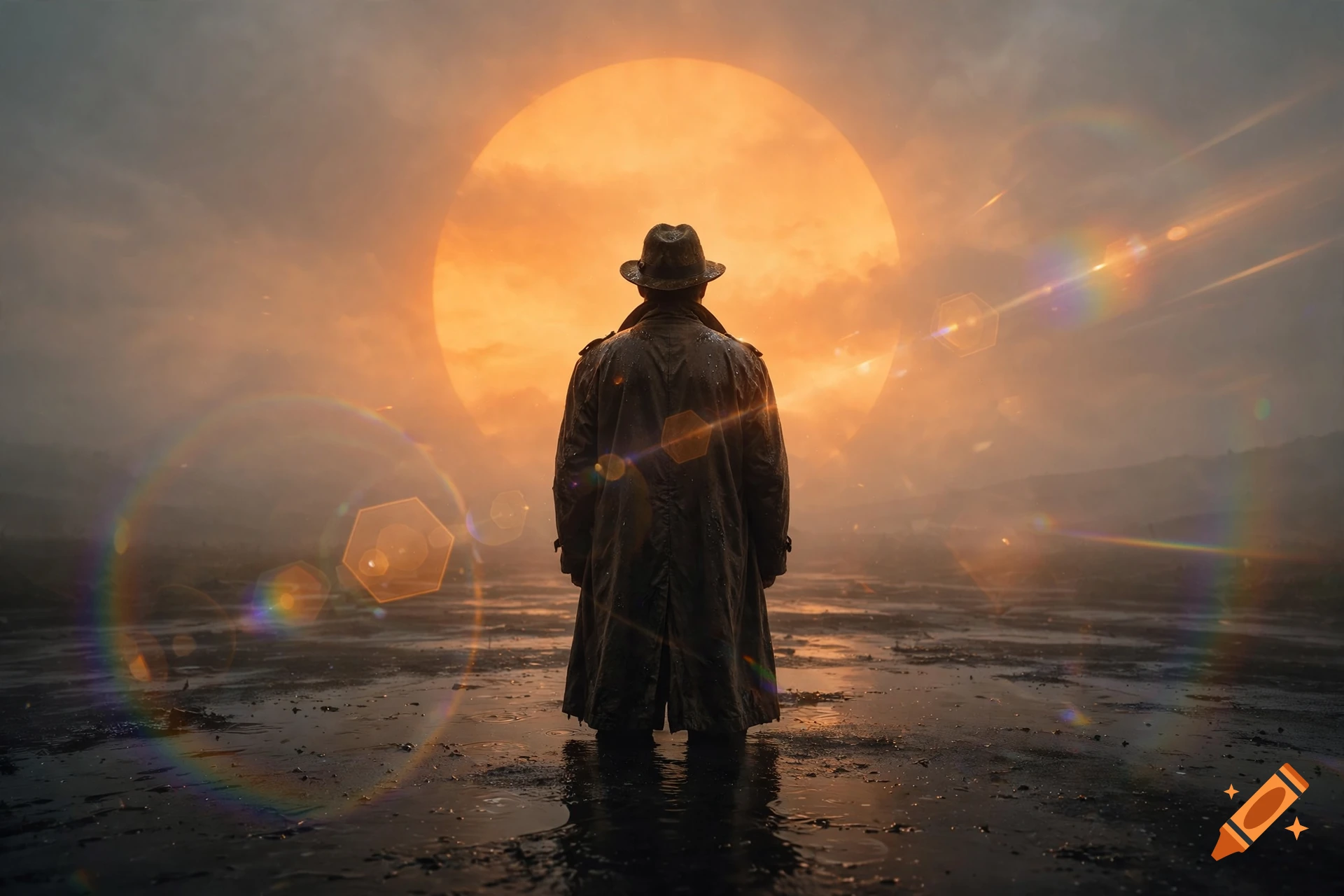 A person in a trench coat and fedora stands with their back to the viewer, facing a large, glowing orange sun in a hazy sky with lens flares.