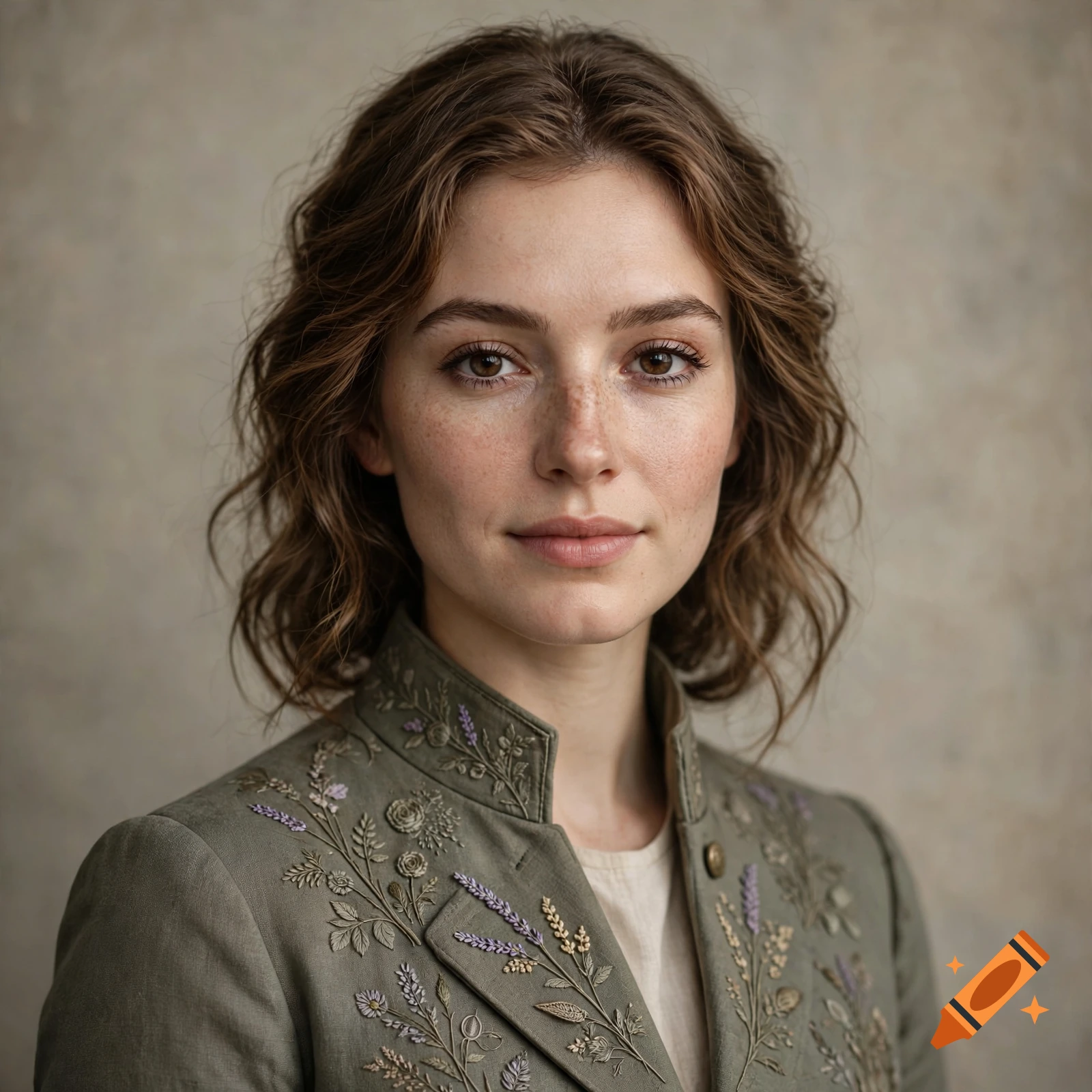 Photorealistic portrait of a young woman with curly brown hair and freckles, wearing an embroidered grey-green jacket.