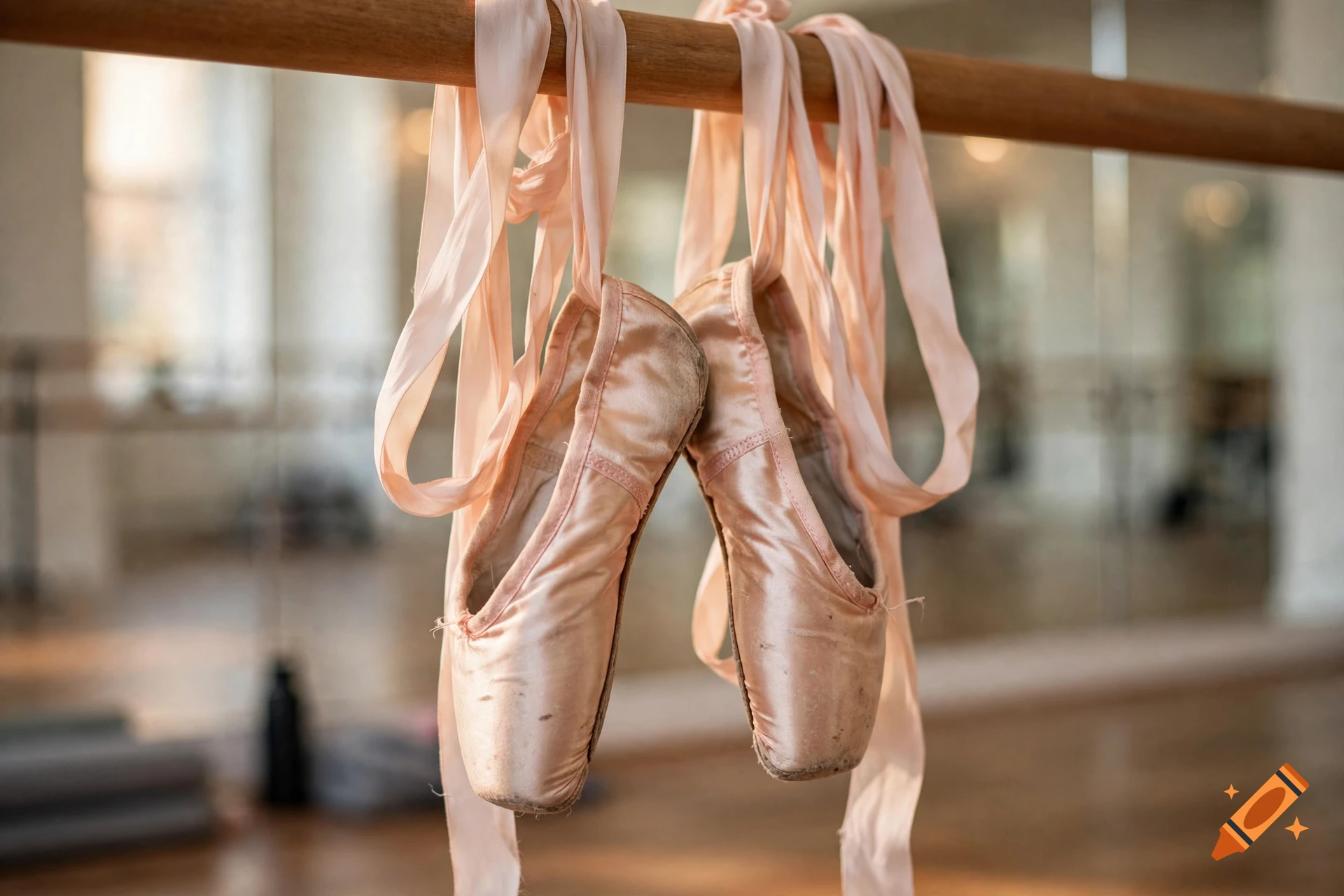 Close-up photorealistic shot of worn pink ballet pointe shoes hanging by their ribbons from a wooden barre.