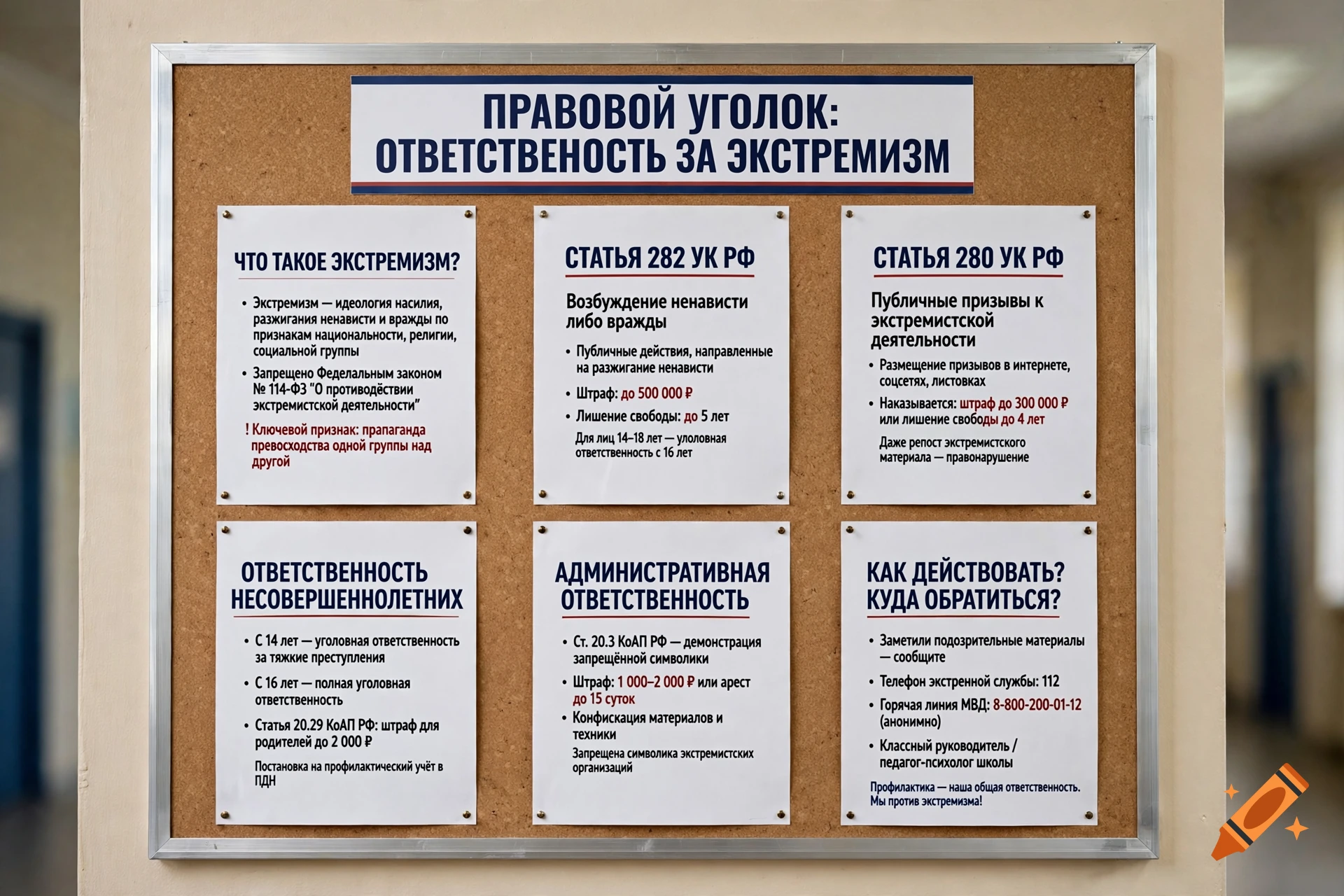 A realistic photo of an educational information bulletin board in Russian with legal warnings about extremism.