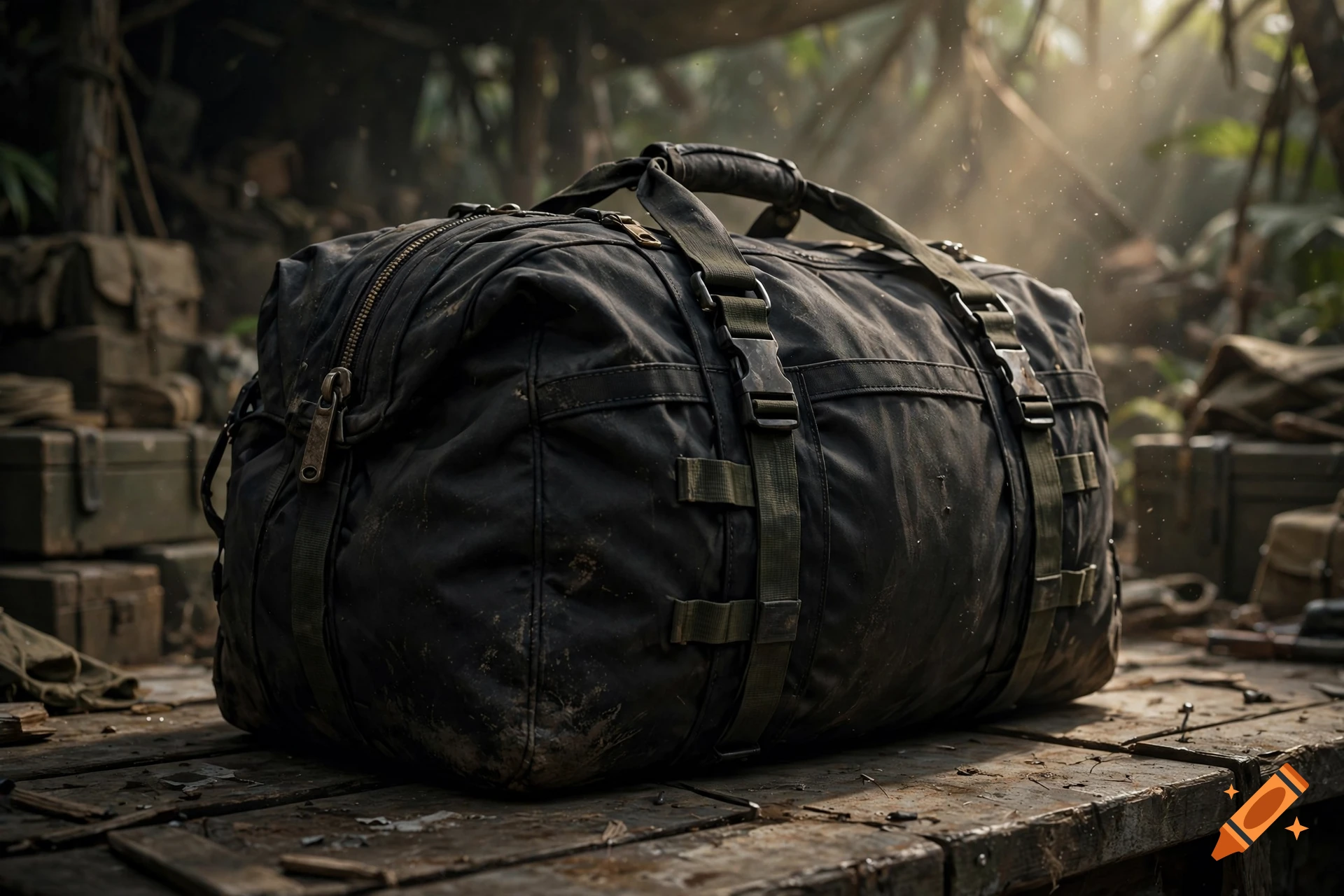 Photorealistic large black duffel bag resting on a wooden table in a dimly lit, rustic military camp.