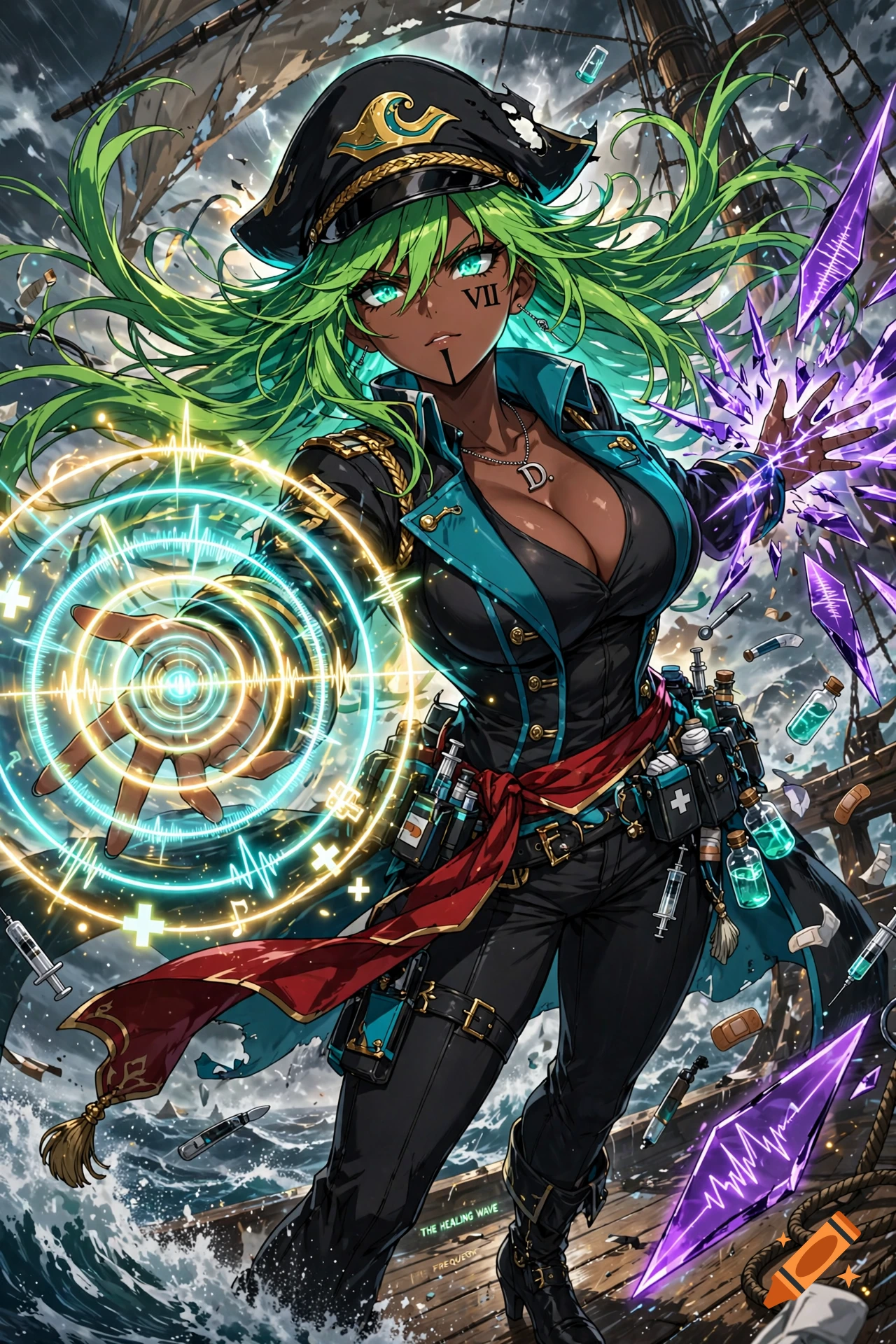 Anime style illustration of a dark-skinned female pirate captain with green hair, using sonic powers on a ship deck.