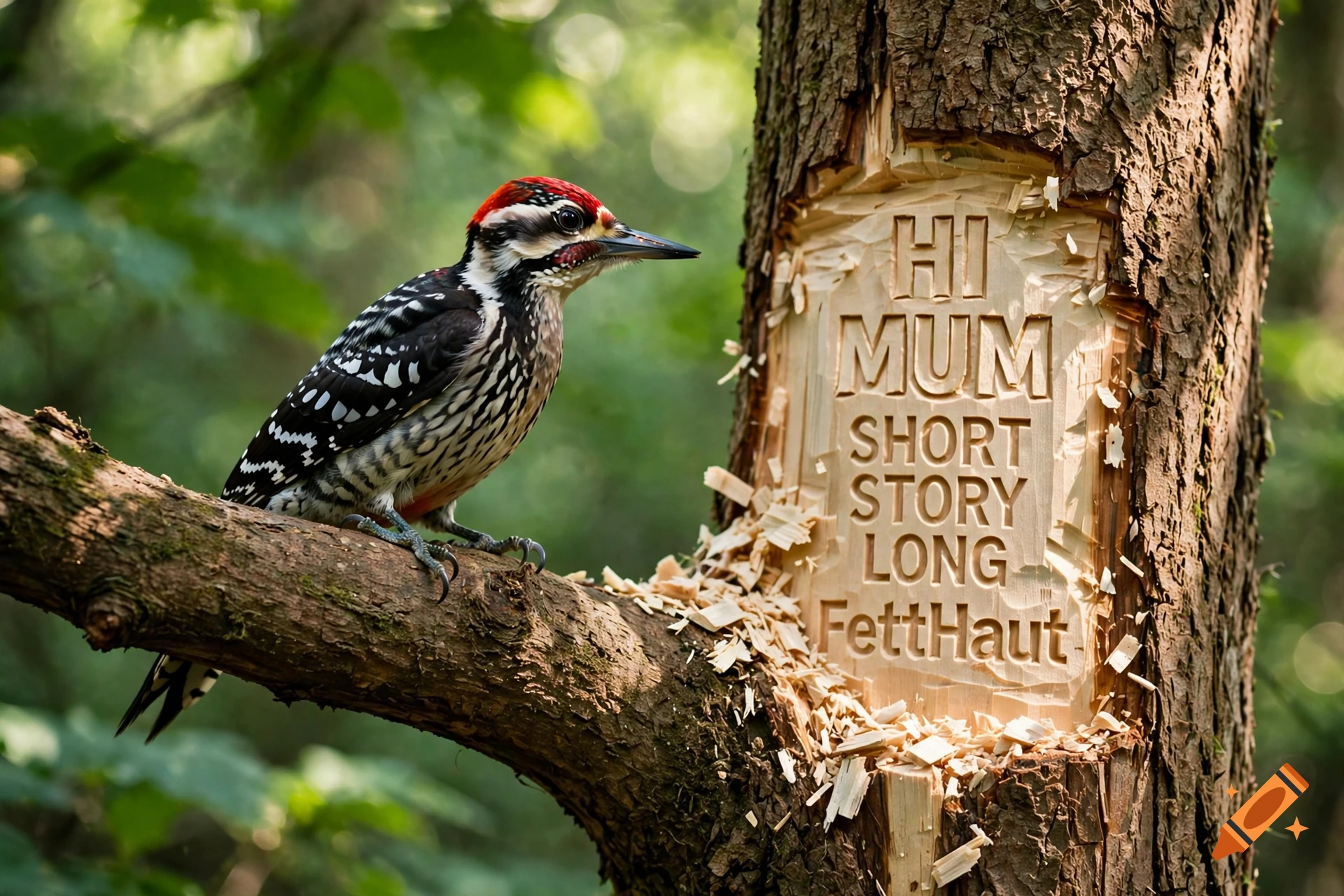 A woodpecker perched on a tree branch next to a carved message in the tree trunk.