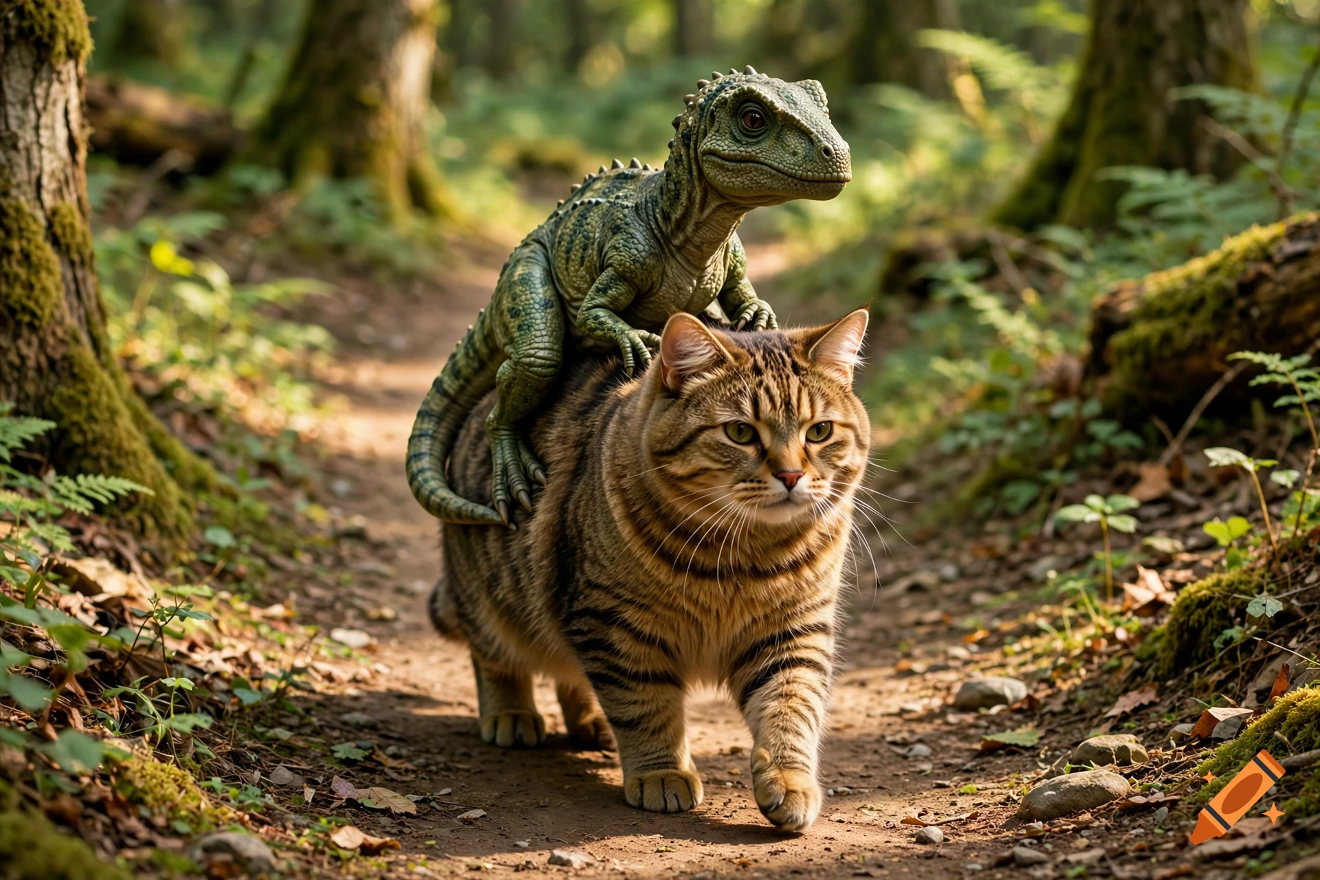 Photorealistic image of a small green dinosaur riding on the back of a tabby cat along a dirt path in a forest.
