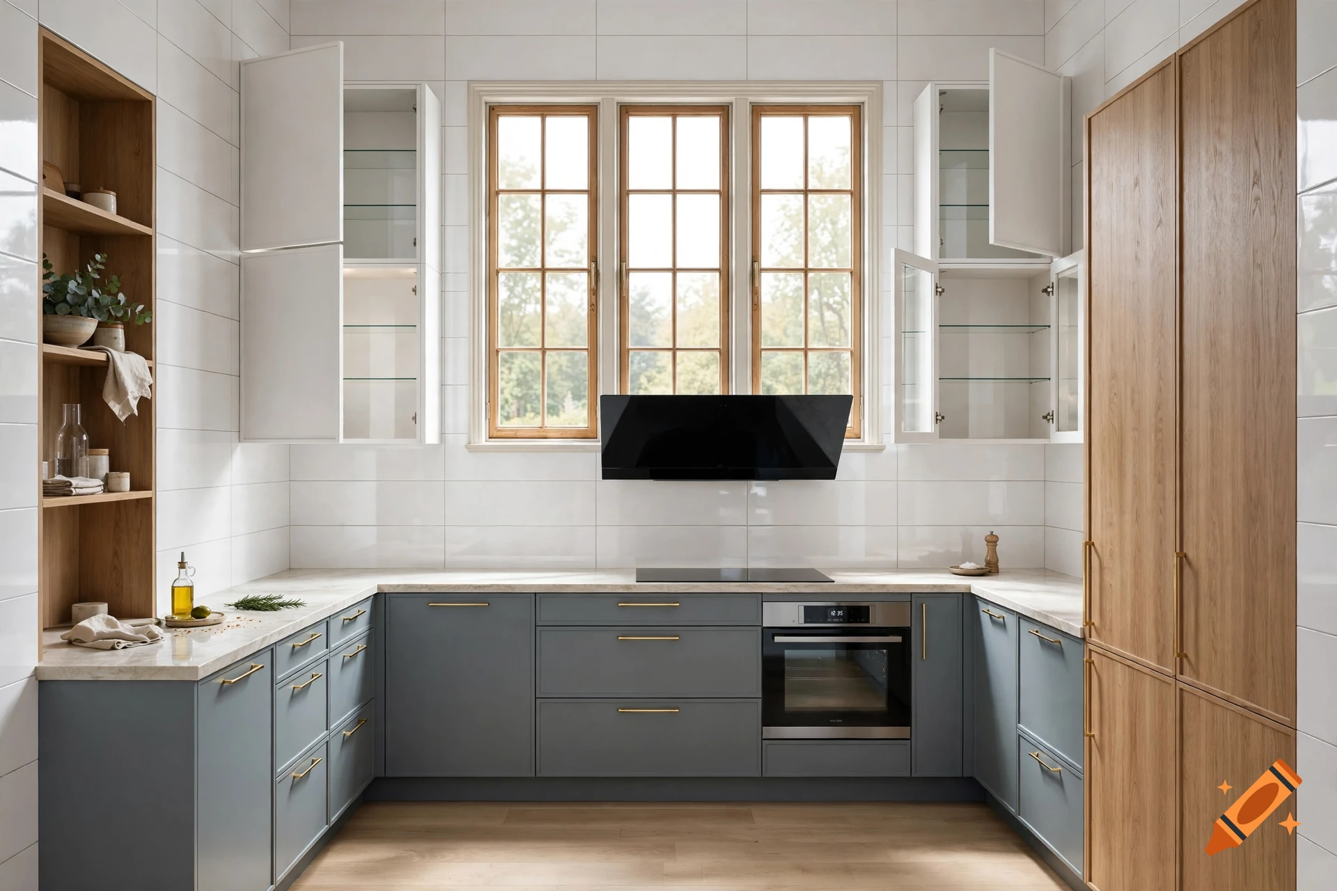 A modern U-shaped kitchen featuring gray lower cabinets, white upper cabinets with some open doors, wooden cabinetry, and large windows.