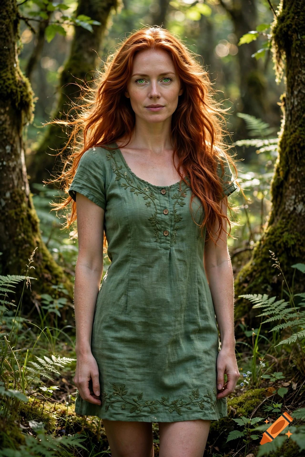 A portrait of a red-haired woman standing in a lush, green forest.