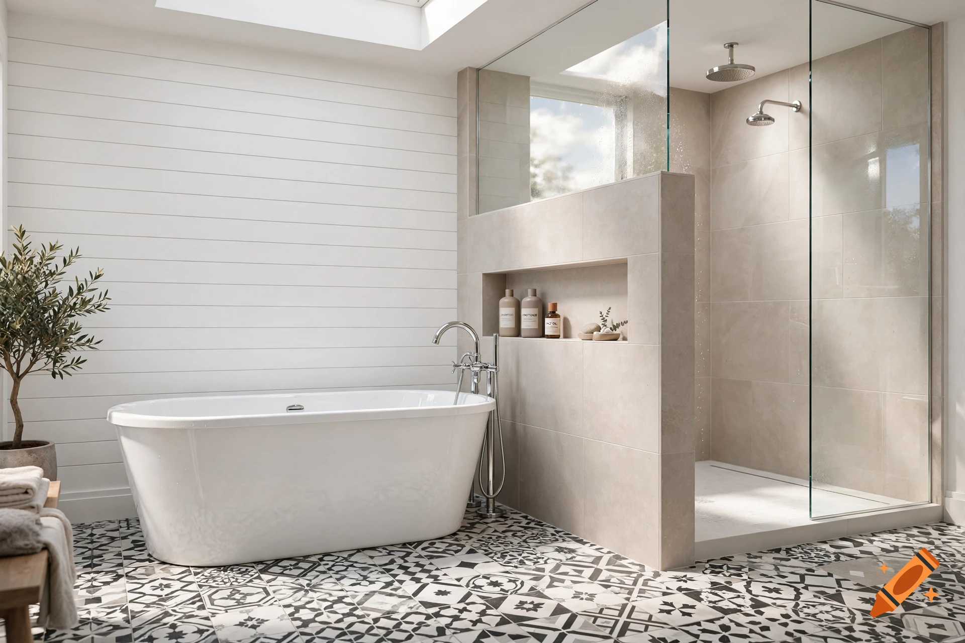 Photorealistic 3D rendering of a luxury modern bathroom with a freestanding tub and walk-in glass shower.
