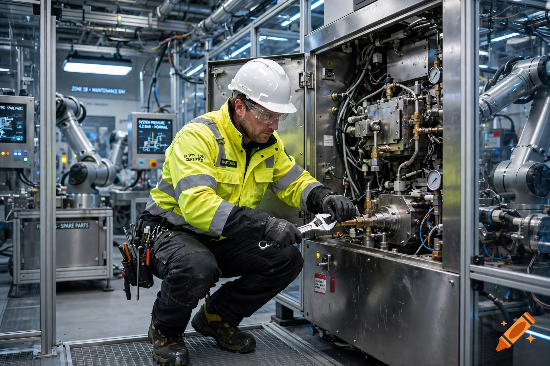Photorealistic image of an industrial worker in a high-visibility jacket and hard hat repairing machinery inside a futuristic factory.
