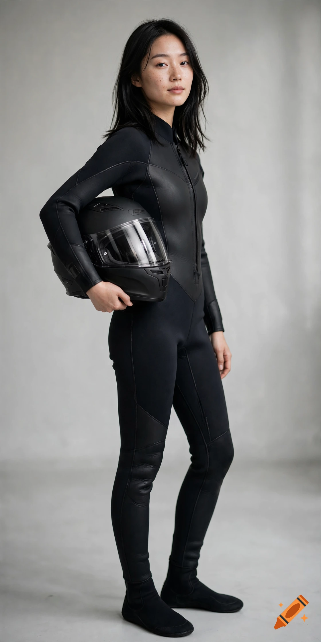 Photorealistic full-length portrait of an Asian woman with black hair, freckles, wearing a wetsuit and holding a motorcycle helmet.