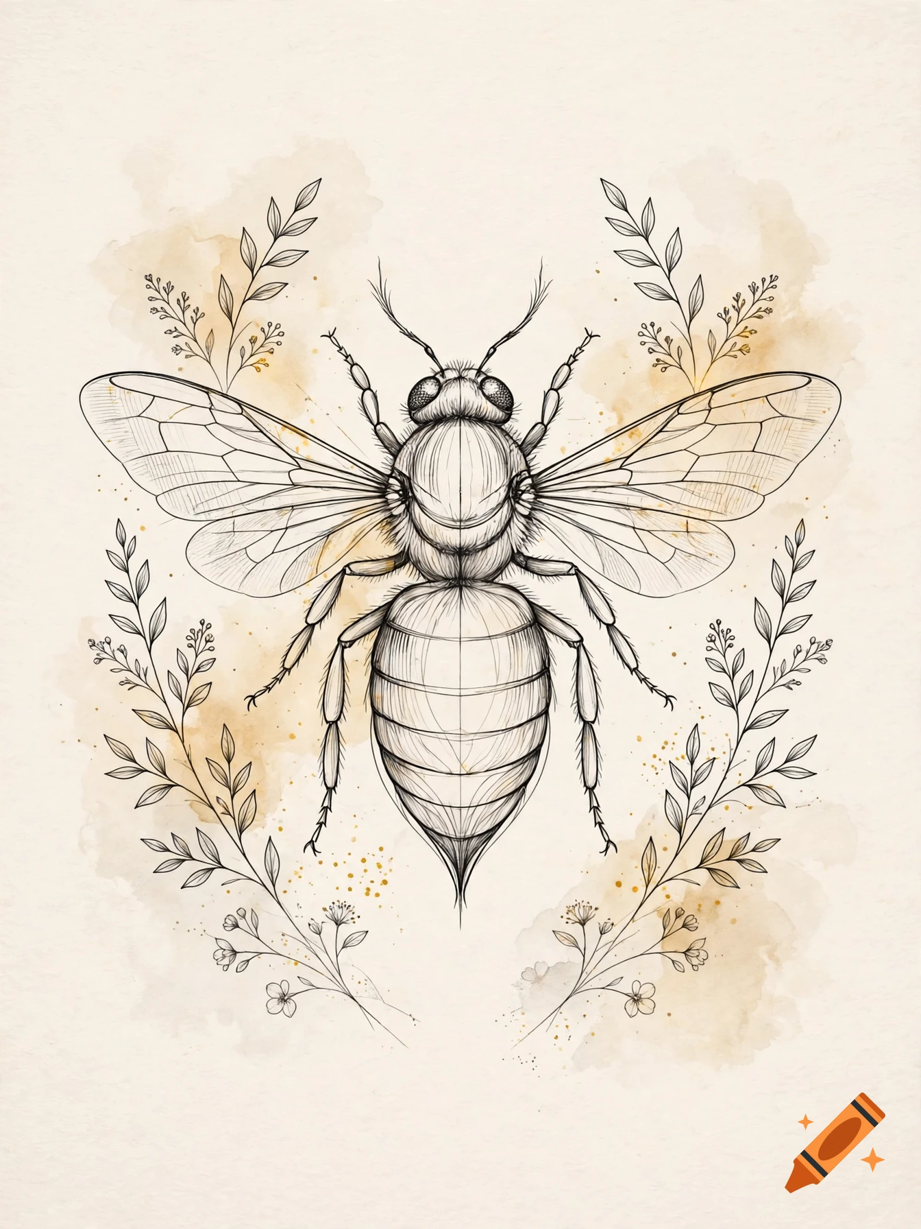 Delicate ink outline drawing of a bee surrounded by floral botanical branches on a cream background with watercolor splatters.