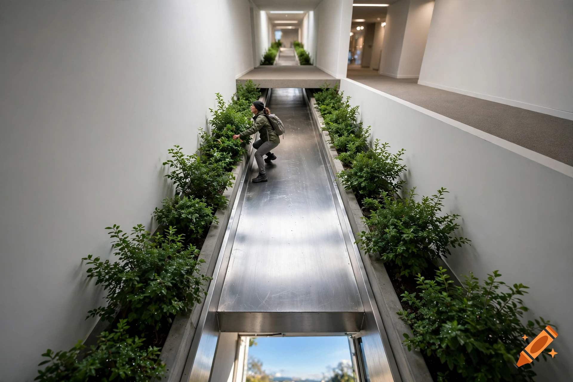 A person in a beanie and jacket clinging to shrubbery along a steep stainless steel walkway in a modern white hallway, photorealistic.