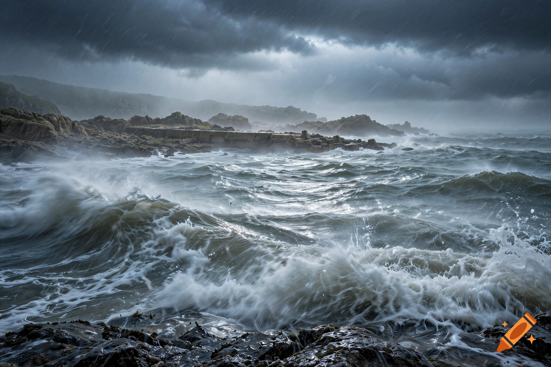 Photorealistic image of rough, stormy seas with crashing waves under a dark, cloudy sky along a rocky coastline.