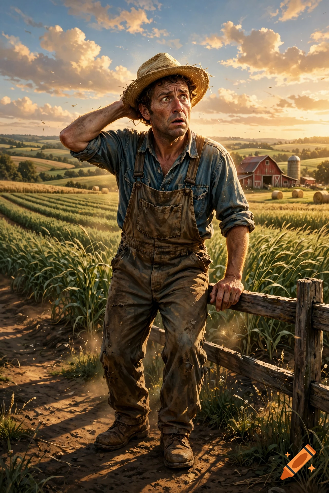Photorealistic image of a confused male farmer in overalls scratching his head next to a wooden fence on a farm.