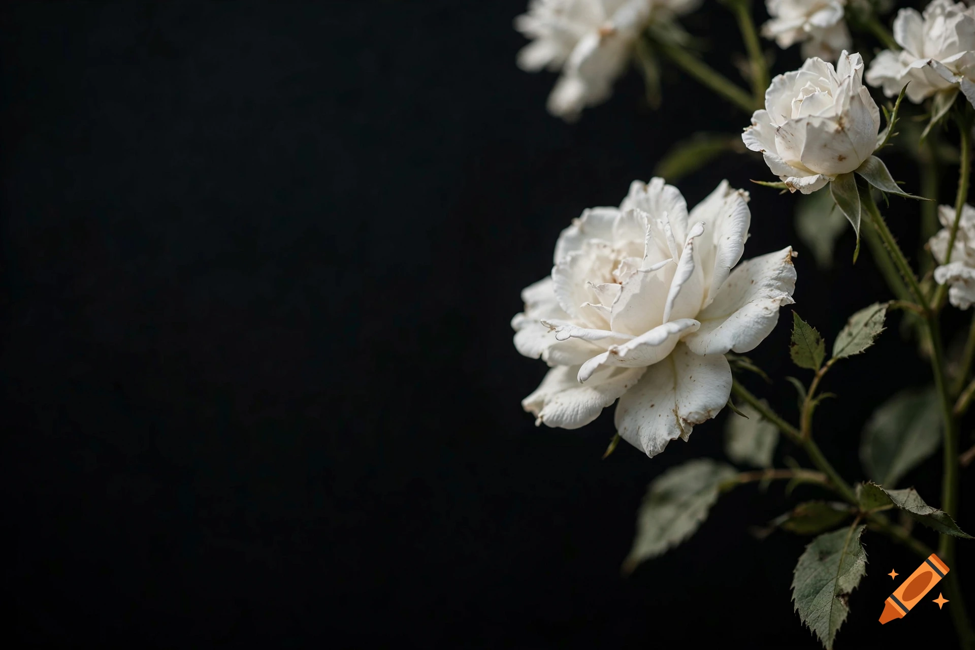 A cluster of white roses with green stems and leaves against a black background.