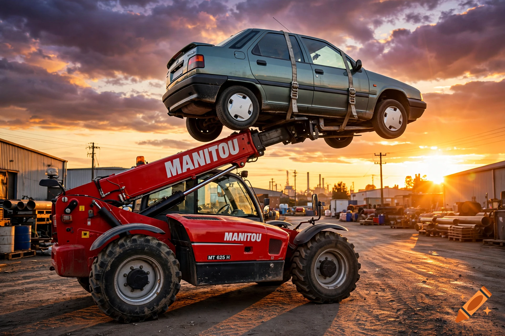 A red Manitou telehandler lifting a green Citroen ZX car against a dramatic sunset sky.