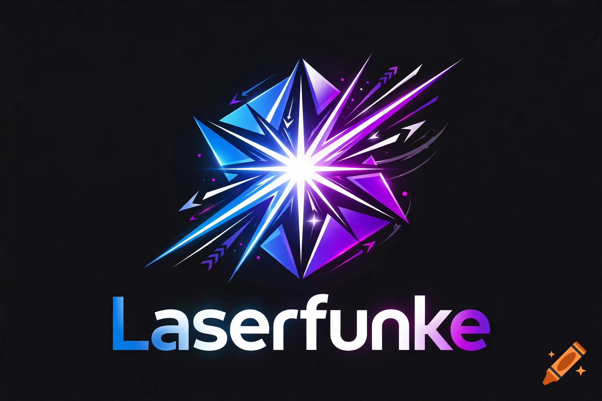 Logo design featuring a glowing, crystal-like starburst in blue and purple with the text Laserfunke below, on a black background.