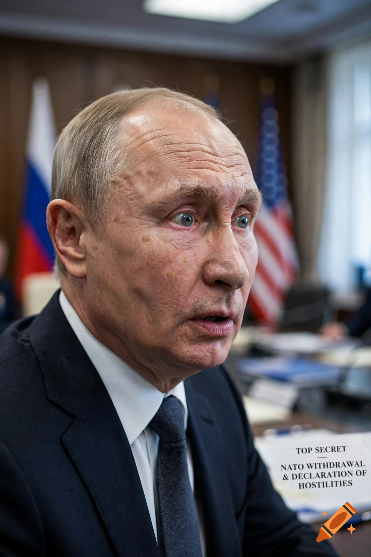 Close-up photorealistic portrait of Vladimir Putin looking surprised at a meeting table, with a document reading top secret.